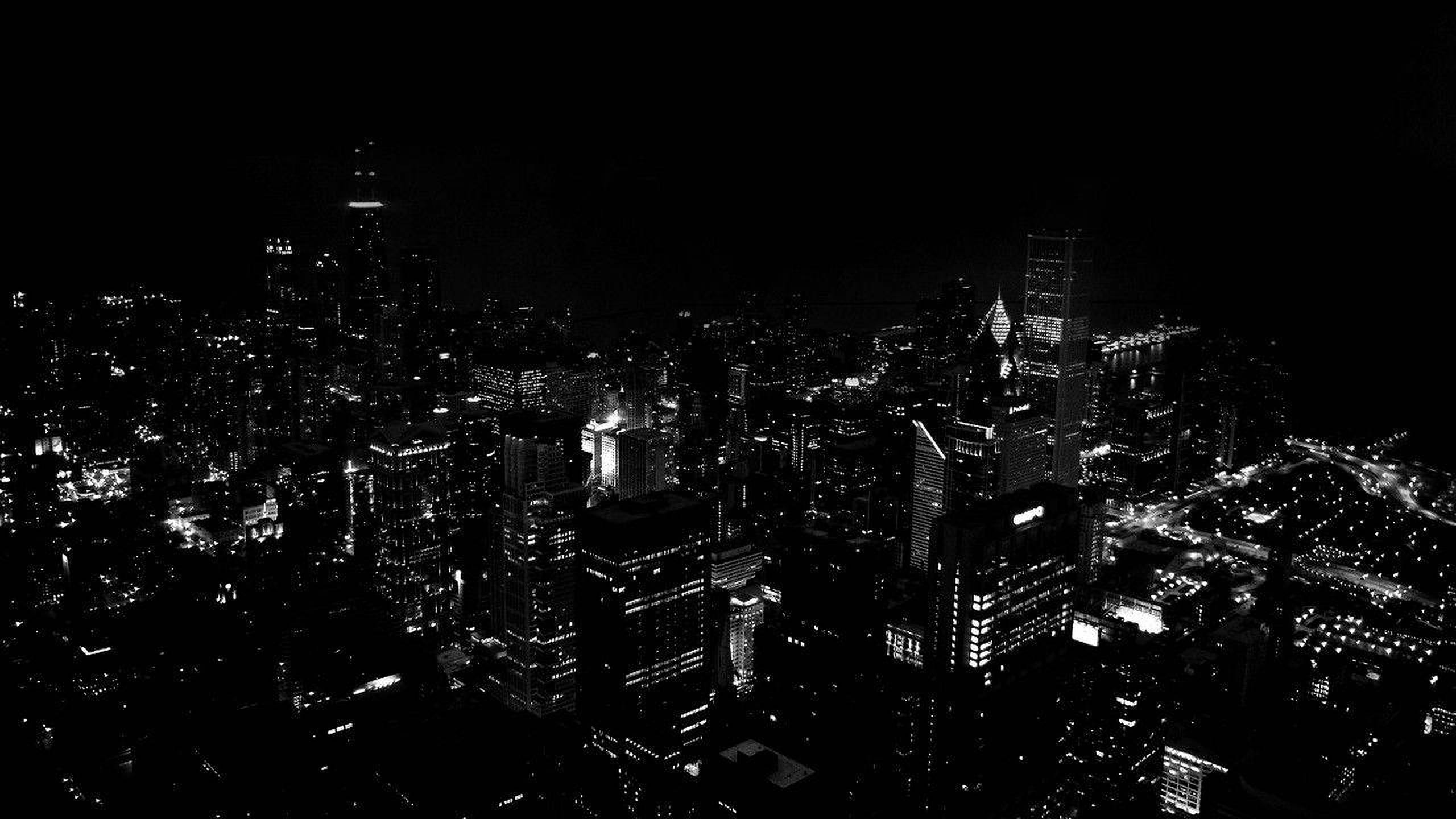 Dark City Photo, aerial, black and white, 2K Desktop Wallpaper