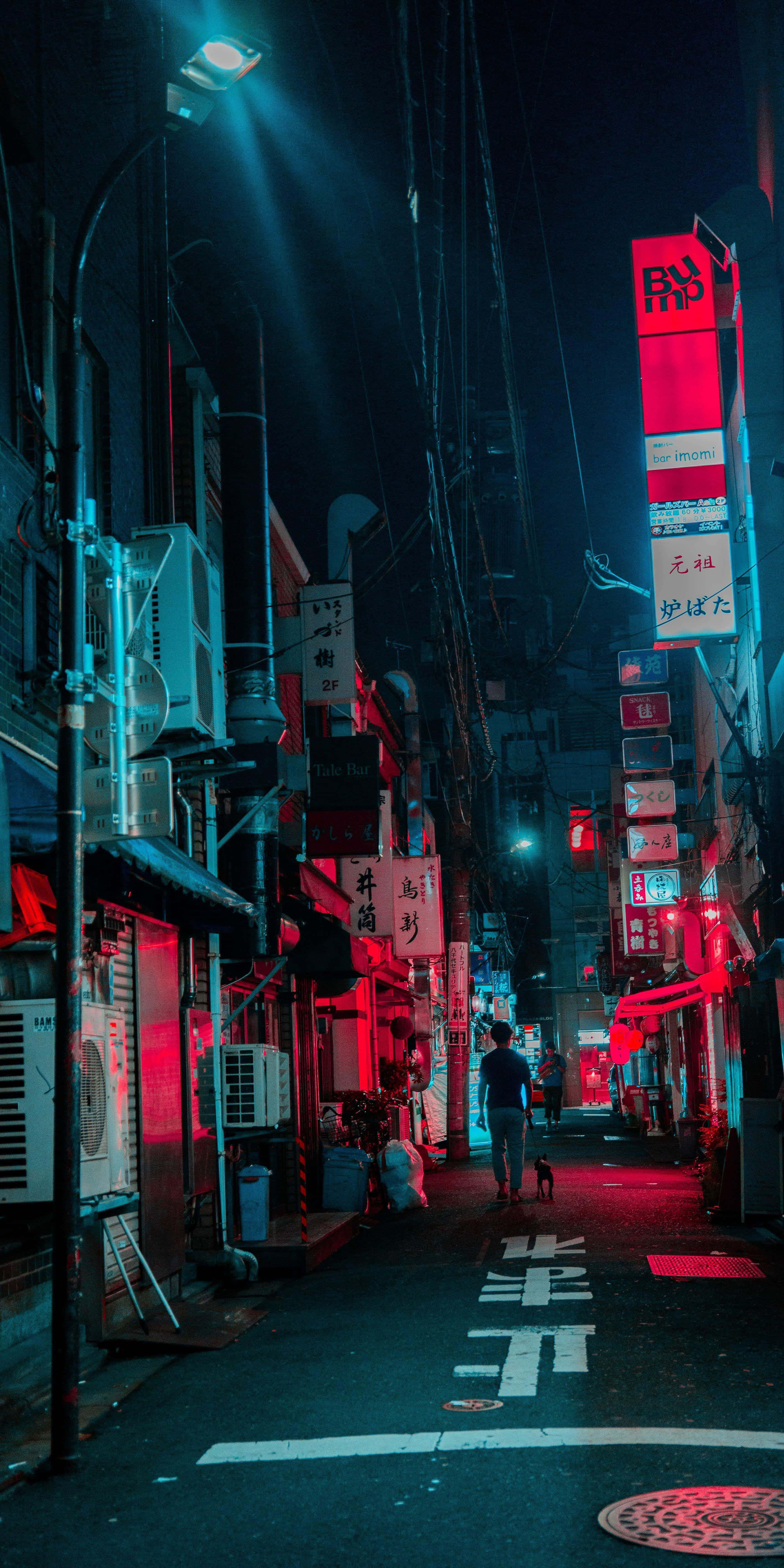 Neon-lit Tokyo alley, Lone figure, Red and blue lights, 5K Phone Wallpaper