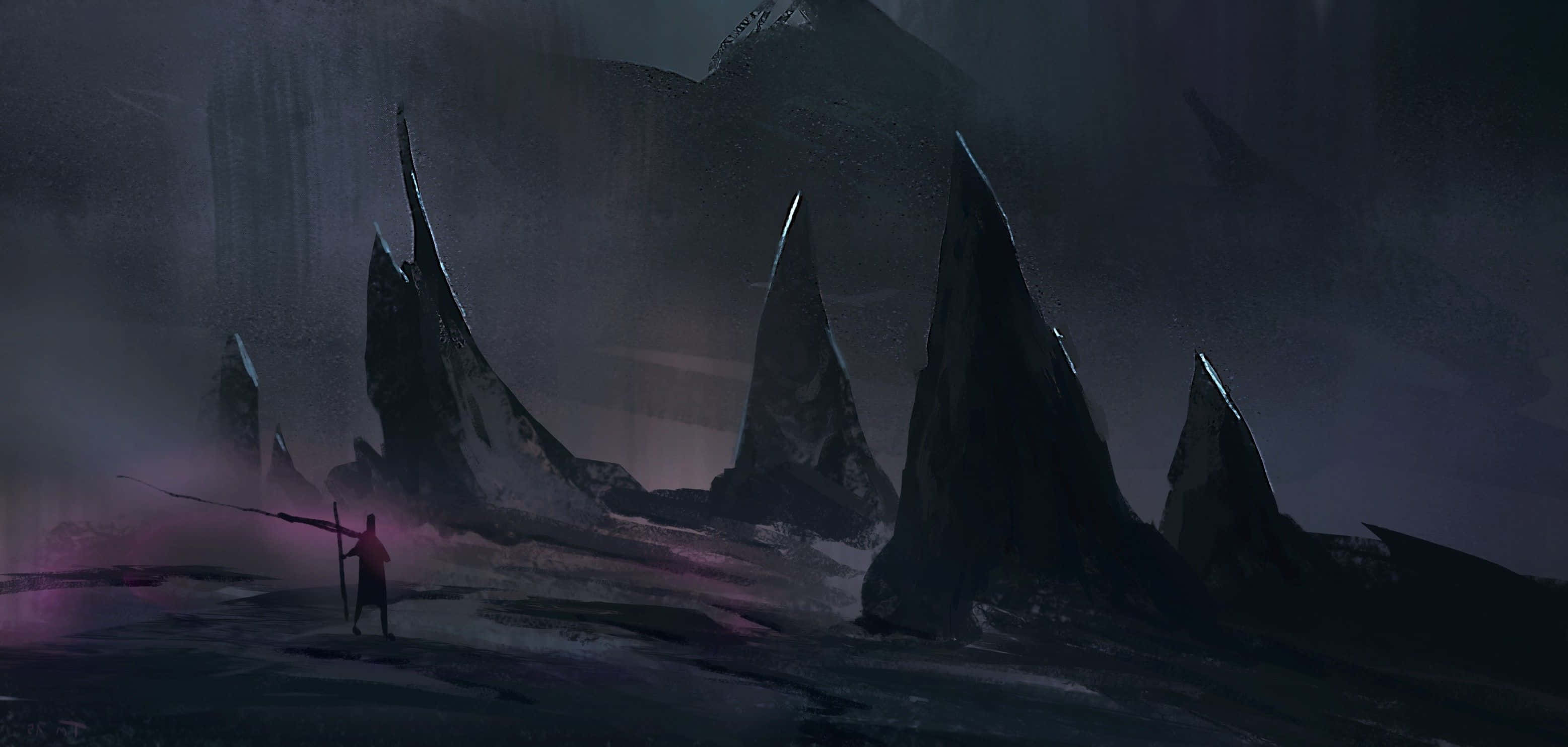 Dark Wall, jagged dark mountains, misty twilight sky, 2K Desktop Wallpaper