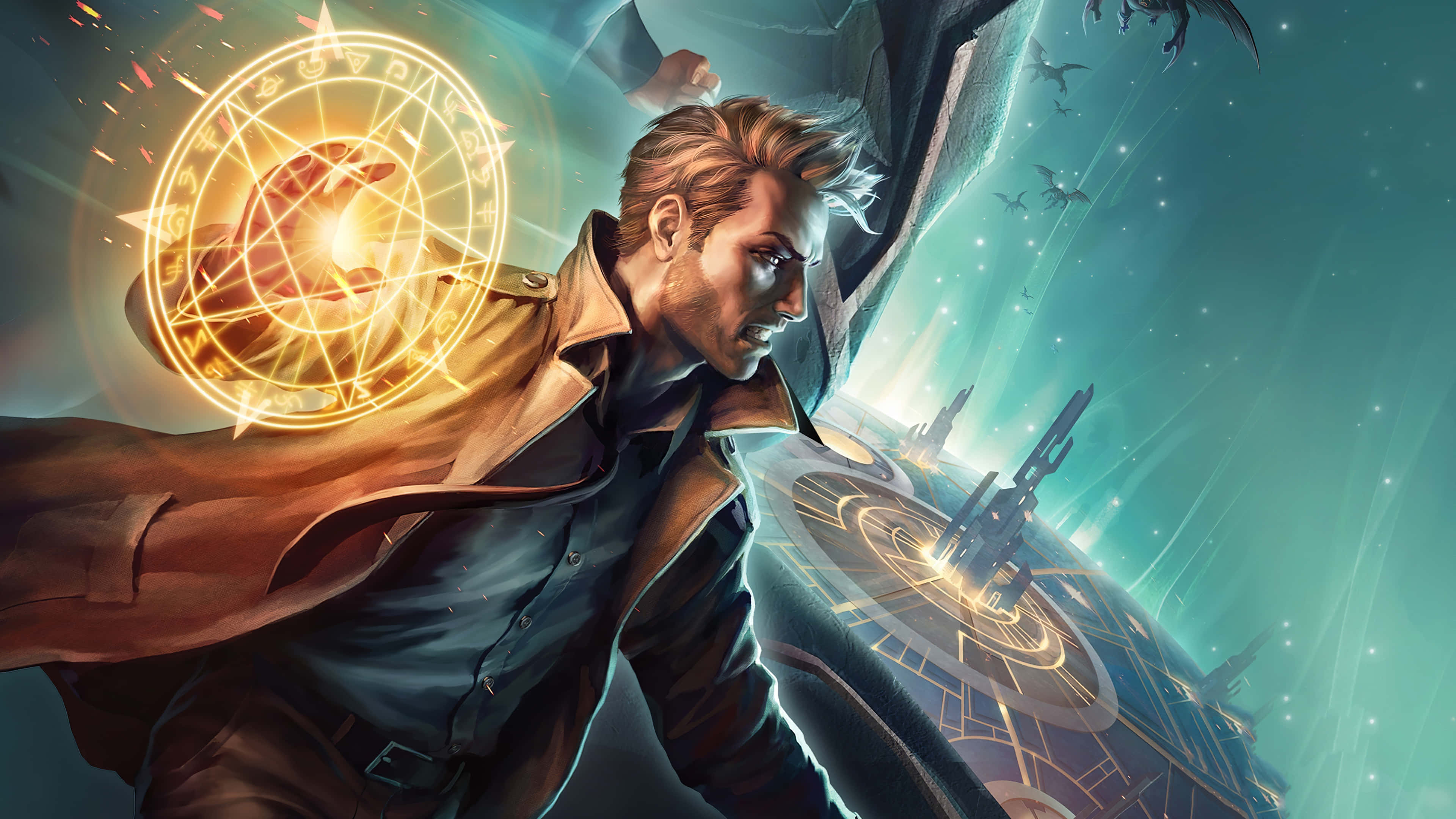 Dark War, trench coat, glowing magical sigil, 4K Desktop Wallpaper