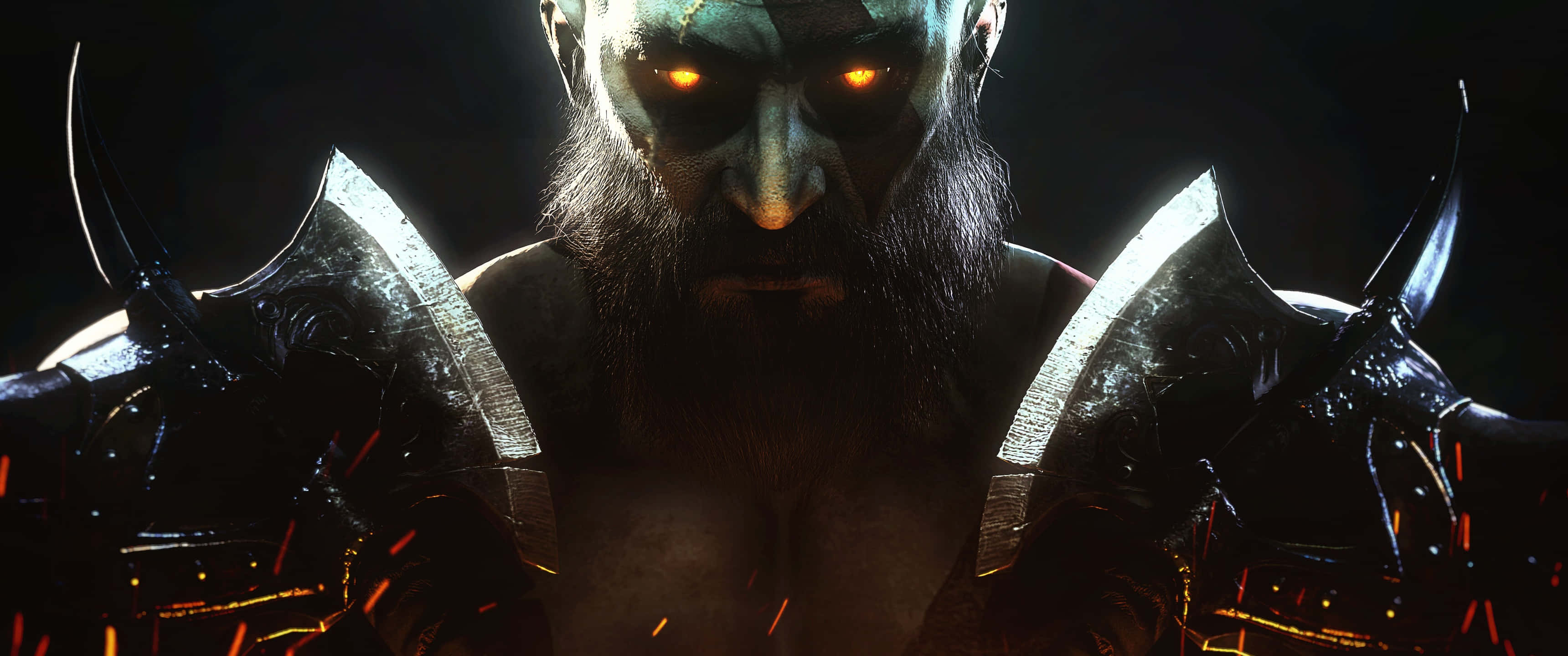 Dark War, glowing orange eyes, spiked armor, 2K Desktop Wallpaper