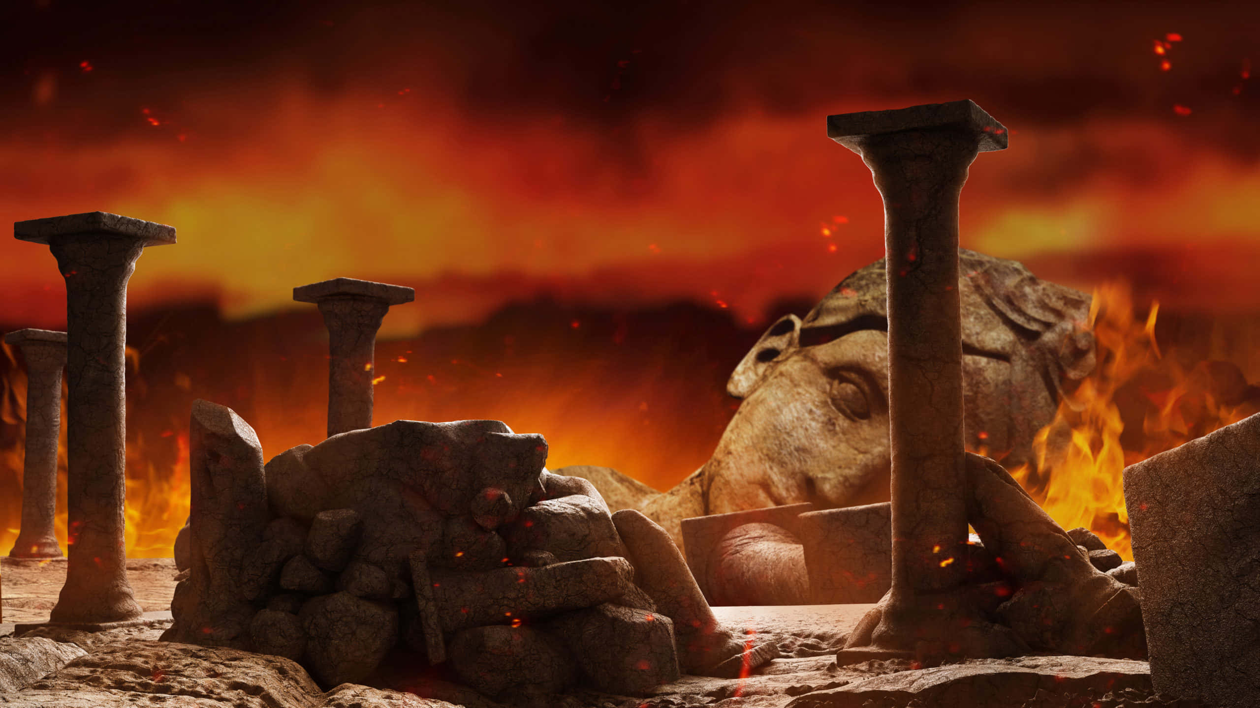 Dark War, blood-orange apocalyptic sky, fiery embers, 2K Desktop Wallpaper