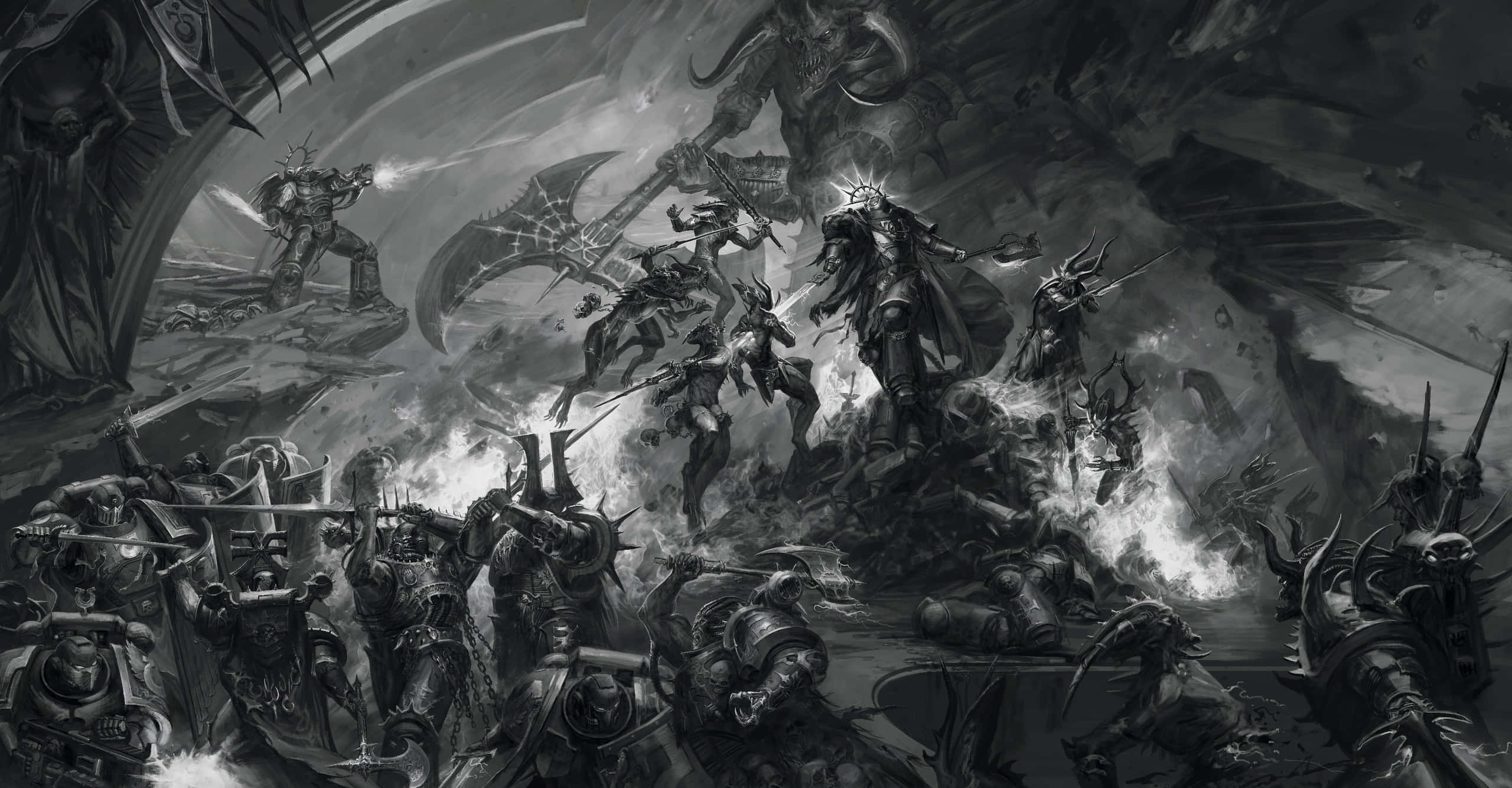 Dark War, monochrome fantasy battle scene, armored warriors, 2K Desktop Wallpaper