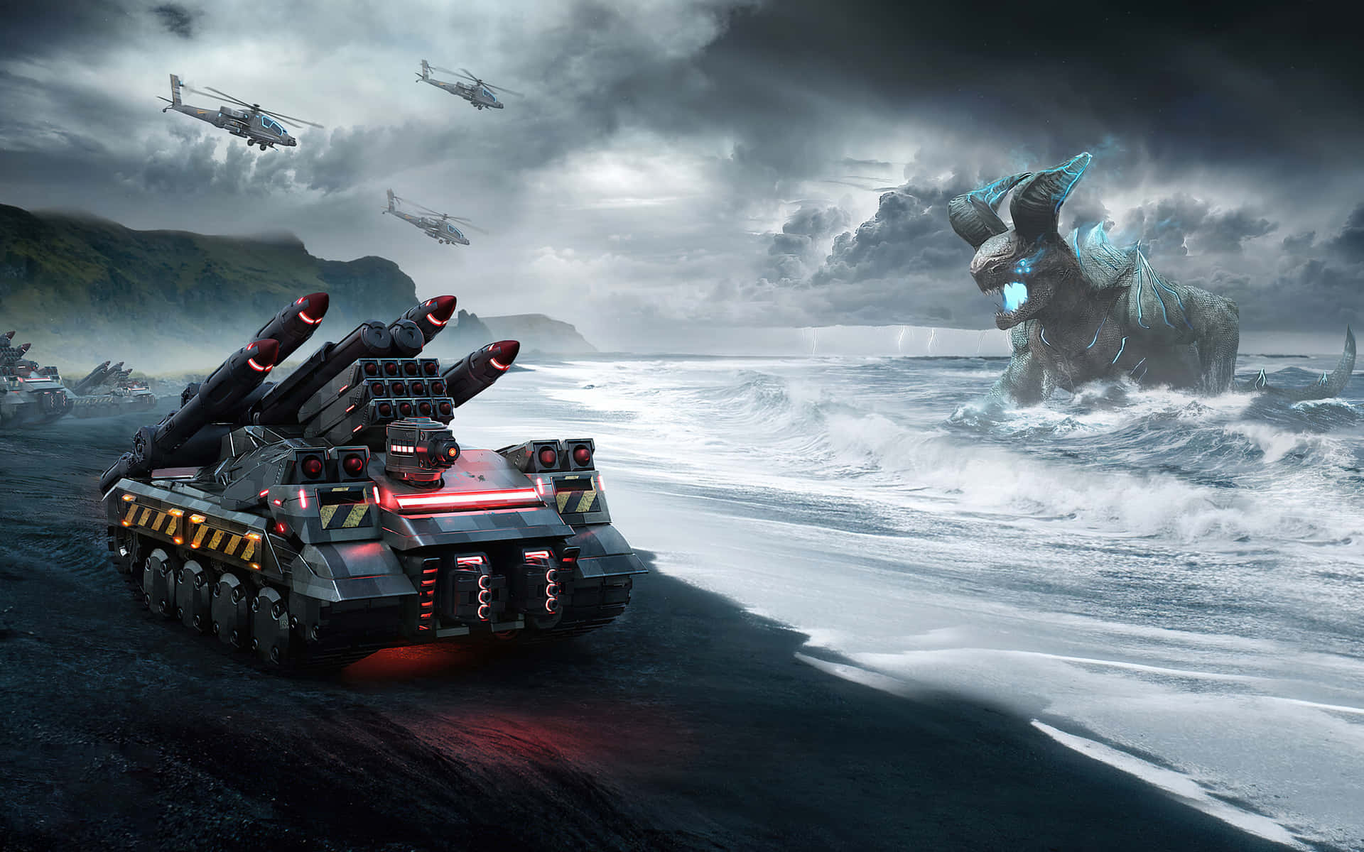 Dark War, glowing red weapons, colossal glowing blue monster, Full HD Desktop Wallpaper
