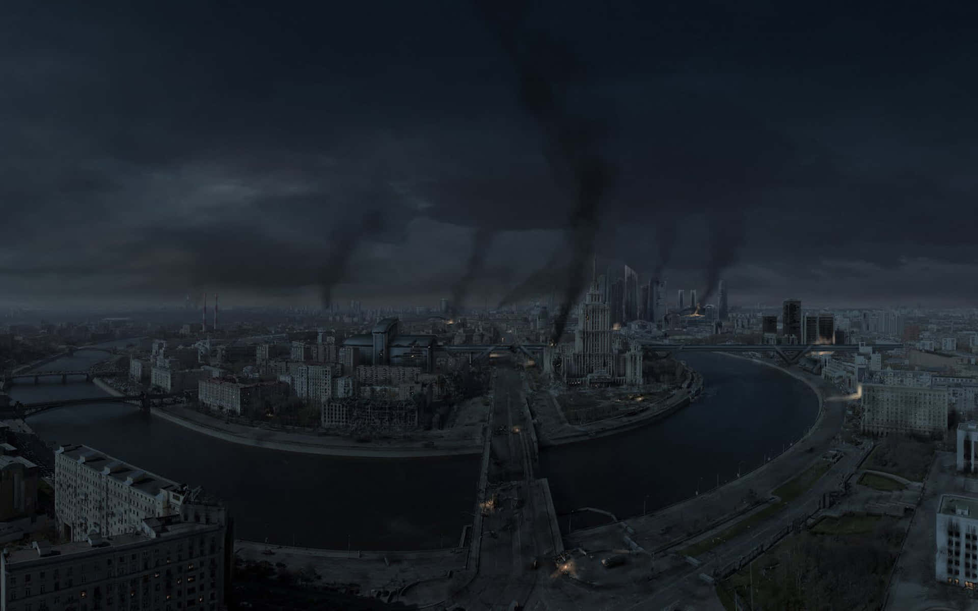 Dark War, dystopian cityscape, night, Full HD Desktop Wallpaper