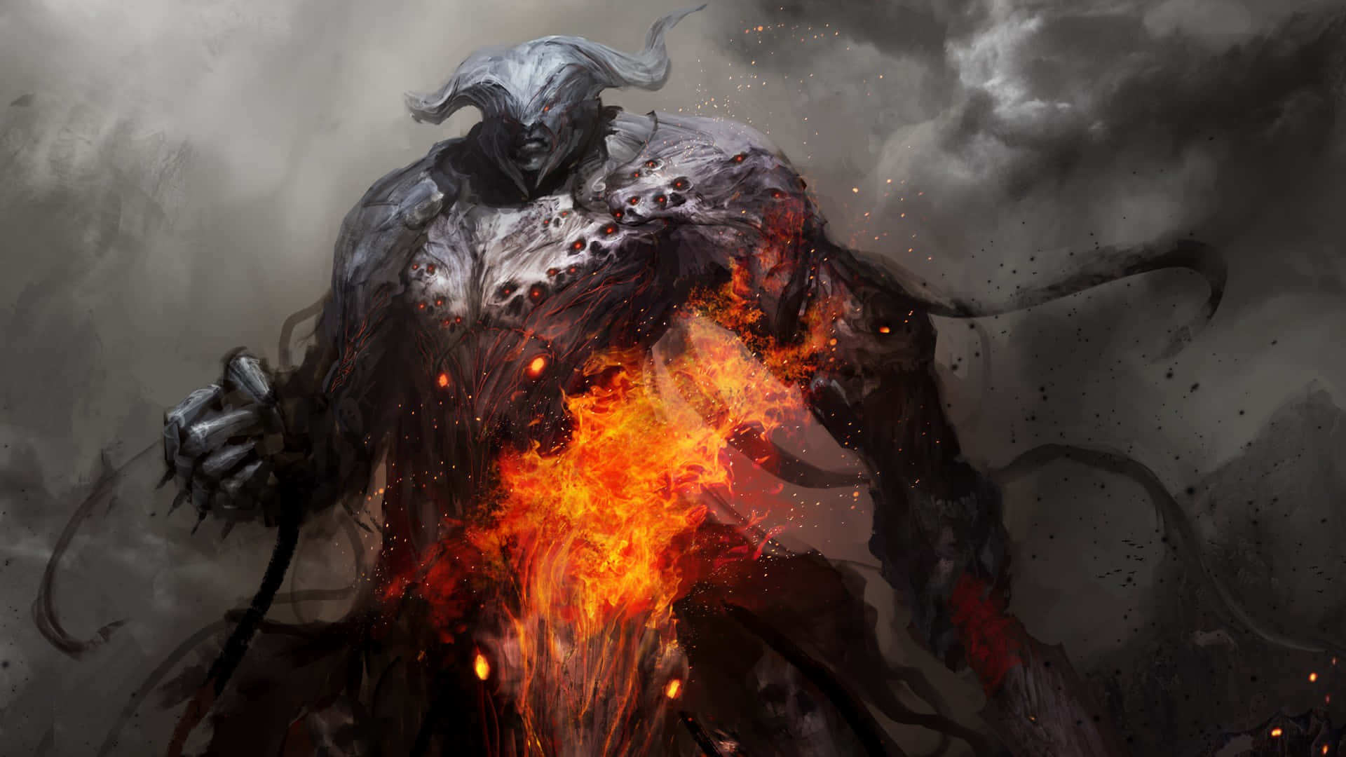 Dark War, monstrous horned figure, flaming torso, Full HD Desktop Wallpaper