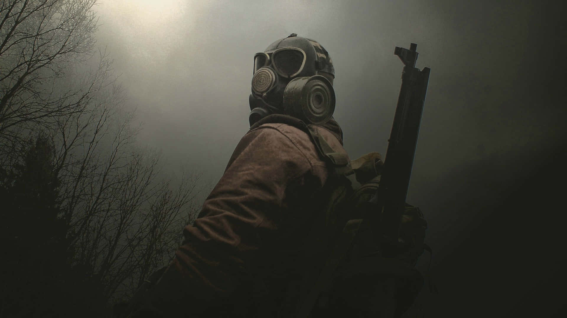 Dark War, gas mask, brown jacket, Full HD Desktop Wallpaper