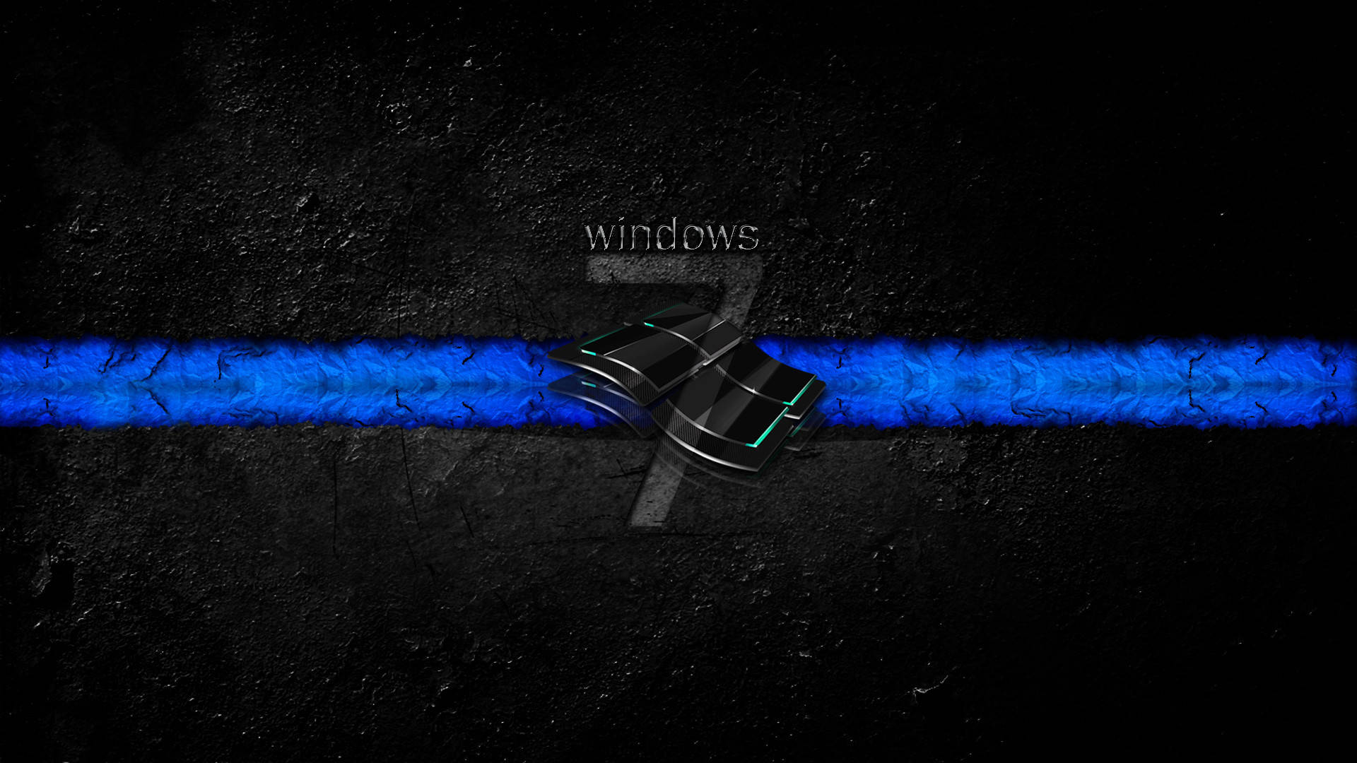 Dark Windows 7, glowing blue Windows logo, cracked asphalt road, Full HD Desktop Wallpaper