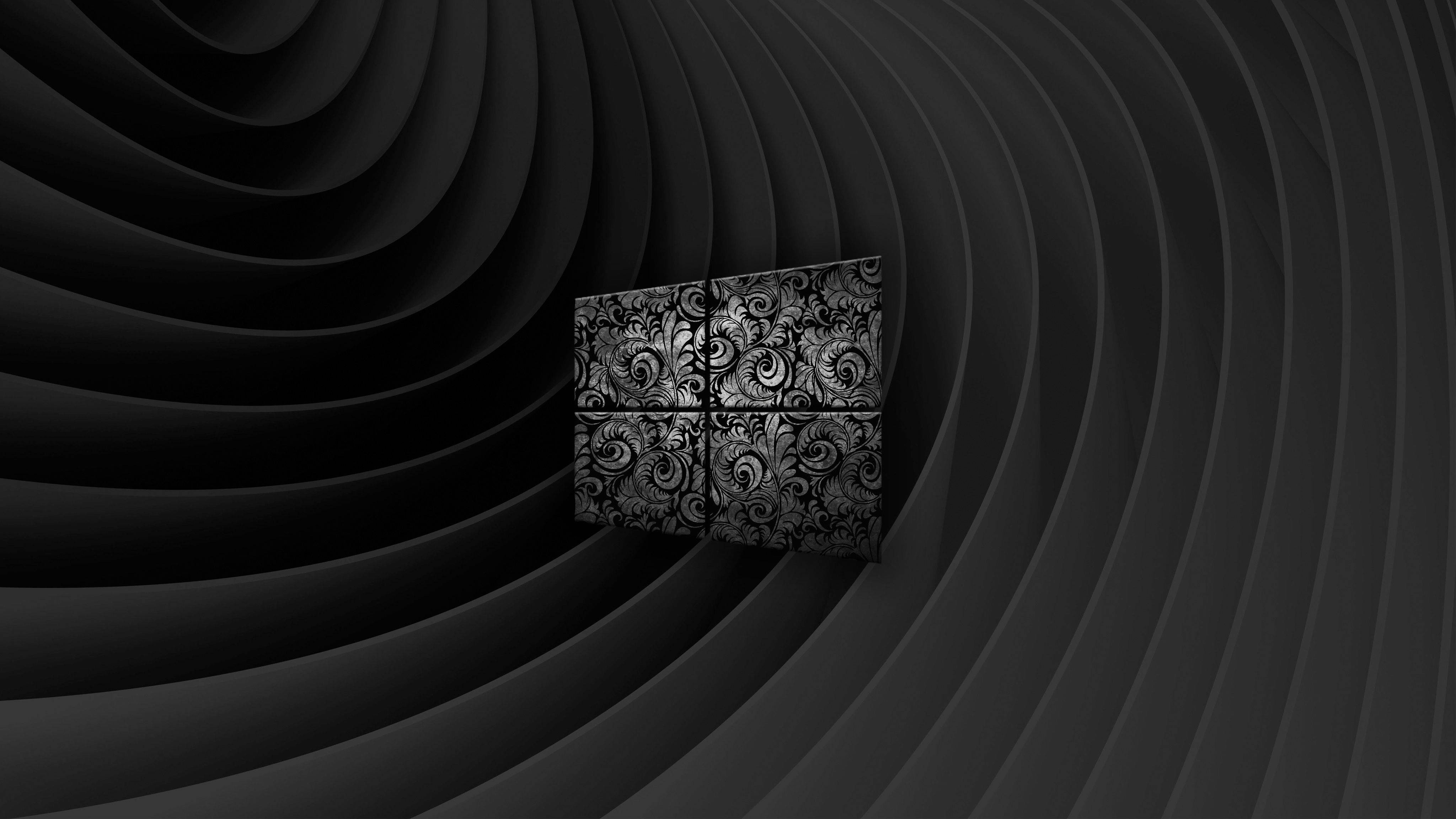 Dark Windows, Windows logo, swirl patterns, 4K Desktop Wallpaper
