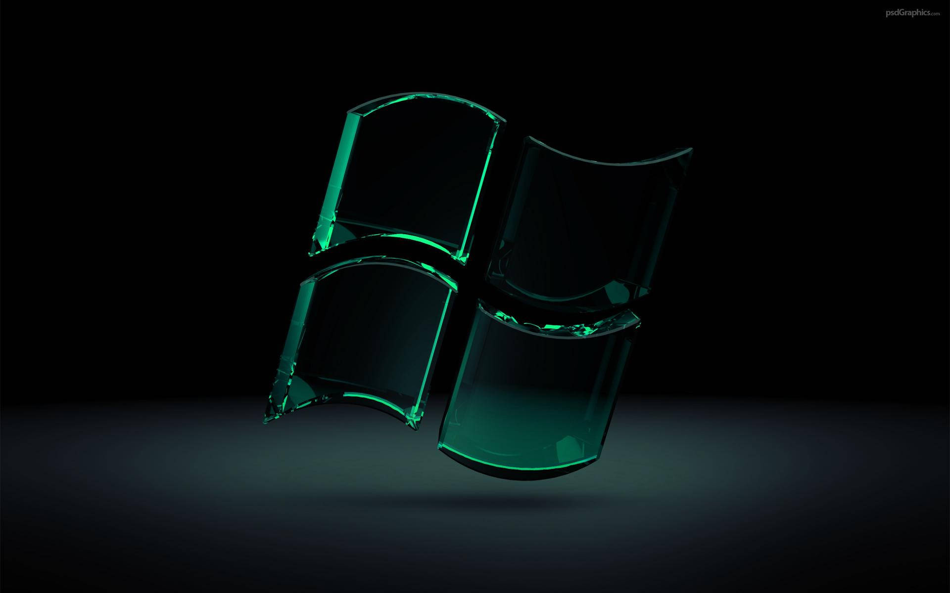 3D Glass Dark Windows Logo, glowing green, glassy Windows logo, Full HD Desktop Wallpaper