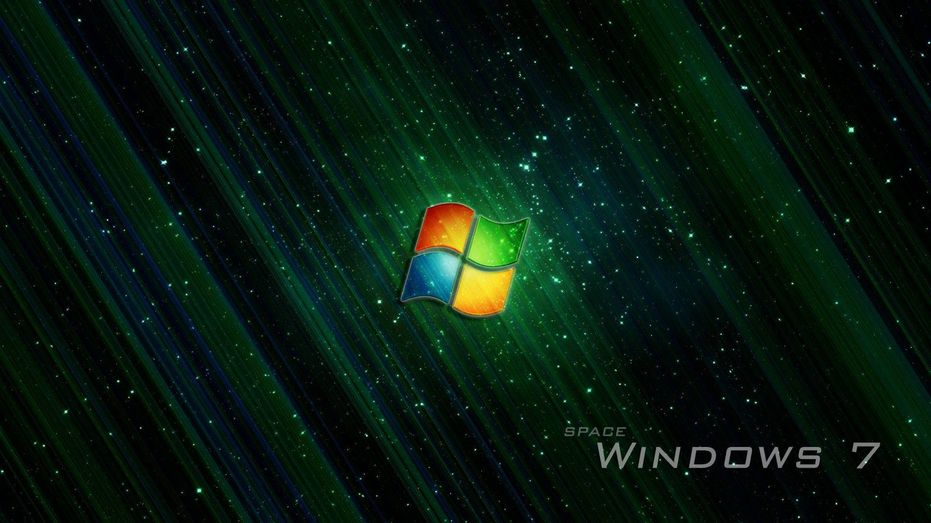 Windows 7 logo, vibrant green starfield, streaking cosmic rays, Full HD Desktop Wallpaper