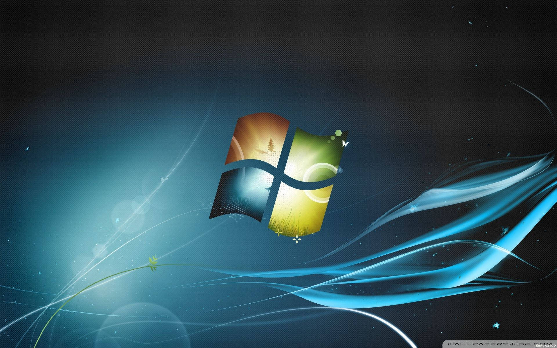 Windows logo, glowing blue energy streams, dark cosmic background, Full HD Desktop Wallpaper