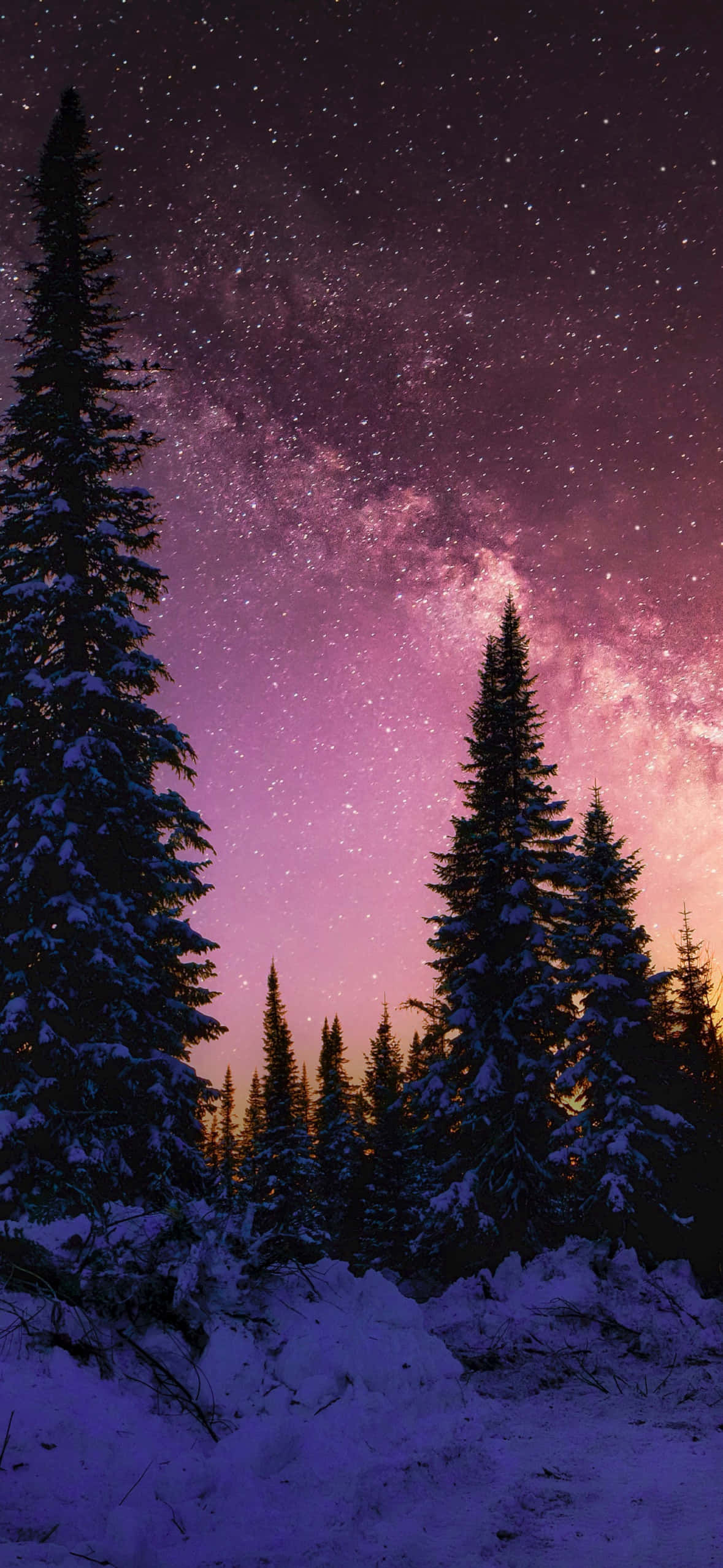 Starry Winter Night Forest Snow, Milky Way galaxy, vibrant purple and pink, Full HD Phone Wallpaper