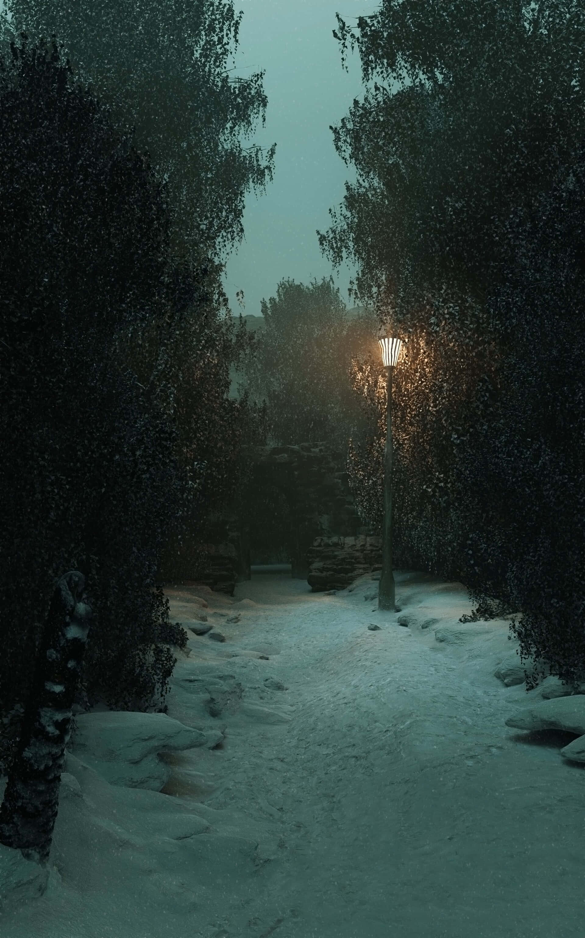 Dark Winter Lamp Path, snow-covered path, dense dark trees, 2K Phone Wallpaper