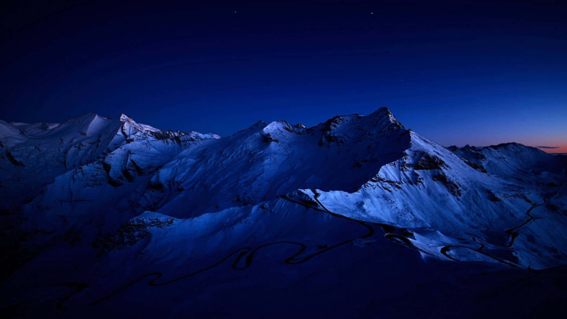twilight, snowy mountain peaks, winding road, Full HD Desktop Wallpaper