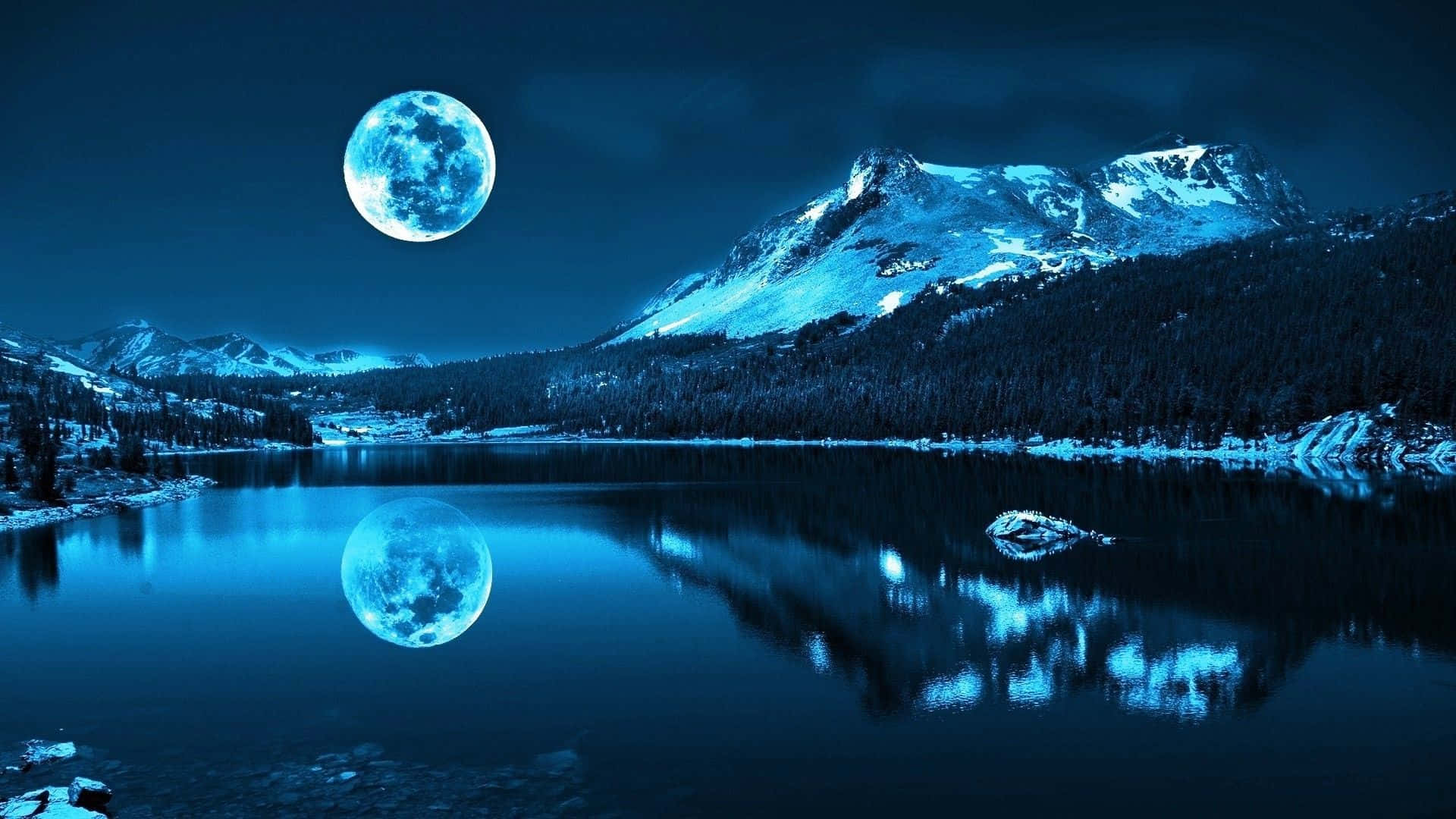 full moon, snow-capped mountains, tranquil blue lake, Full HD Desktop Wallpaper