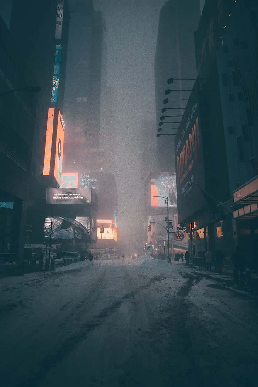 snow-covered city street, towering buildings, glowing billboards, SD Phone Wallpaper
