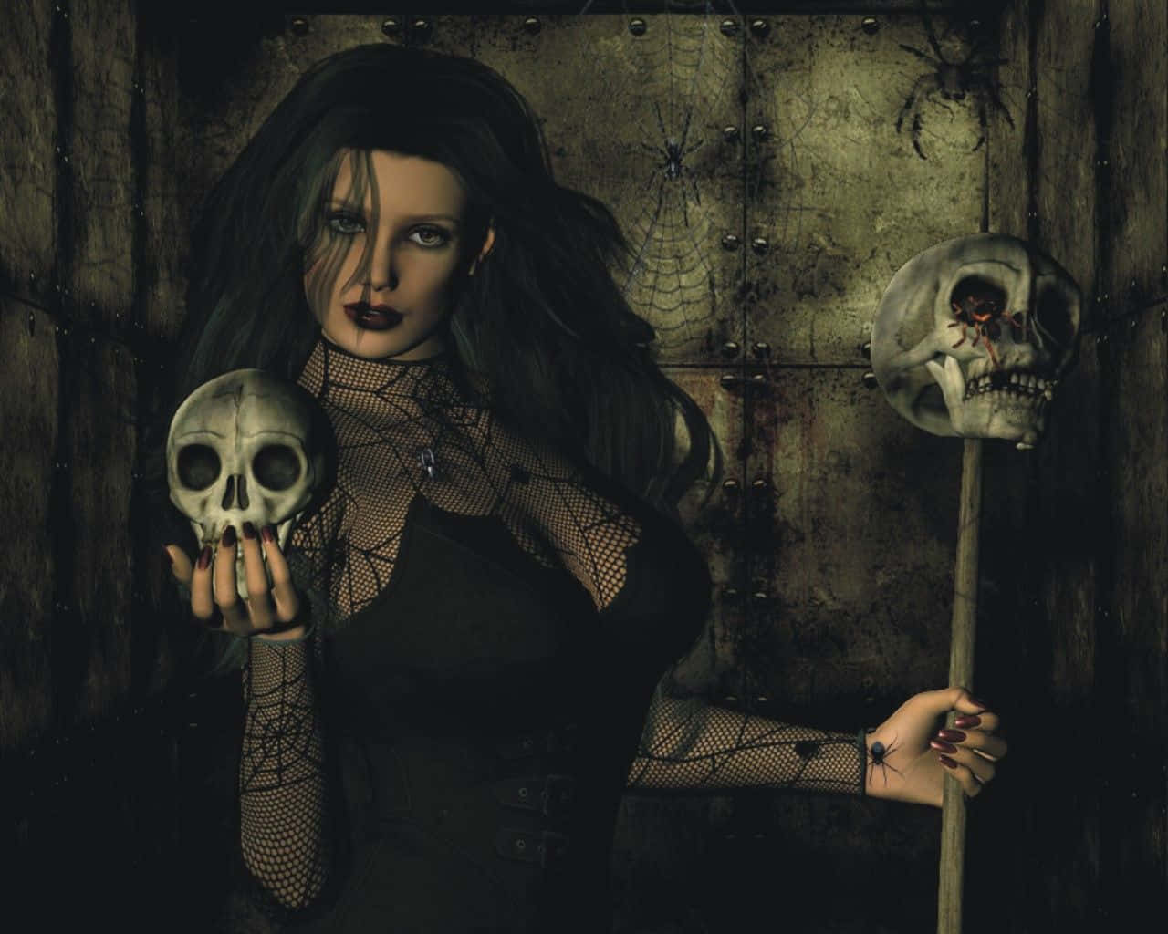 Dark Witch, skull, staff with a skull, HD Desktop Wallpaper