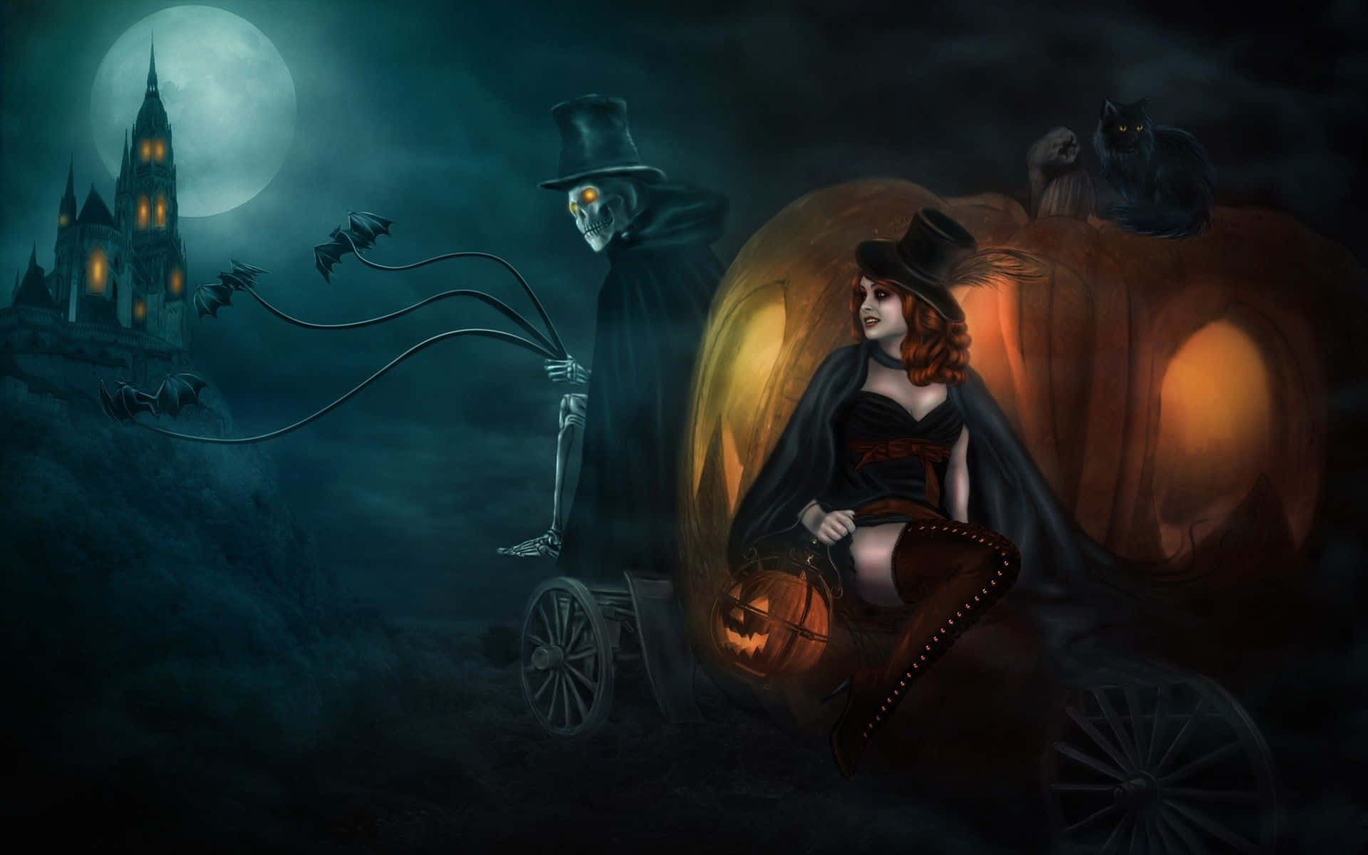 Dark Witch, pumpkin carriage, skeletal driver, Full HD Desktop Wallpaper