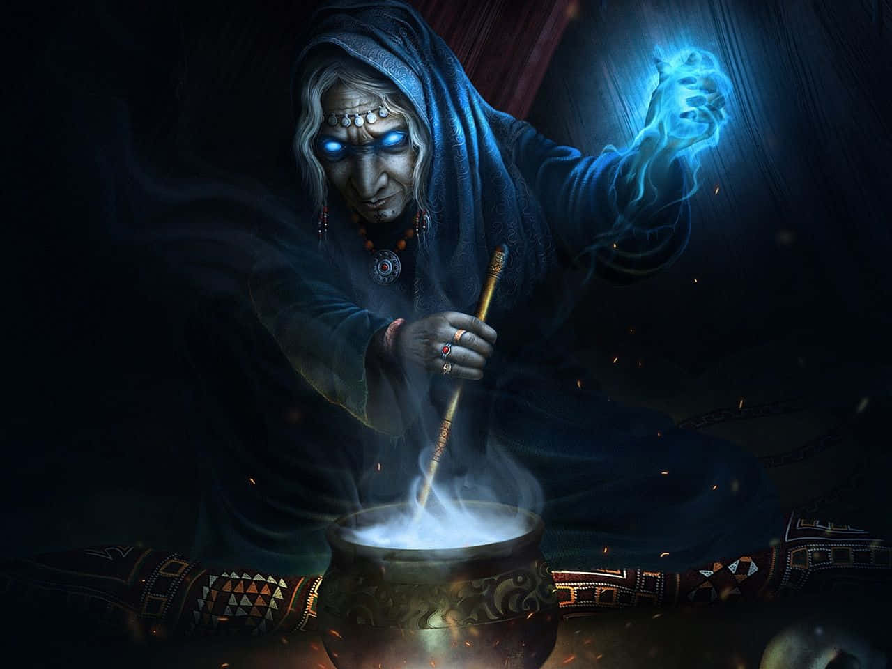 Dark Witch, glowing blue eyes, steaming cauldron, HD Desktop Wallpaper