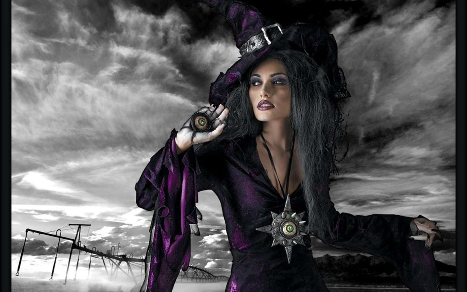 Dark Witch, purple robe, tall hat, Full HD Desktop Wallpaper