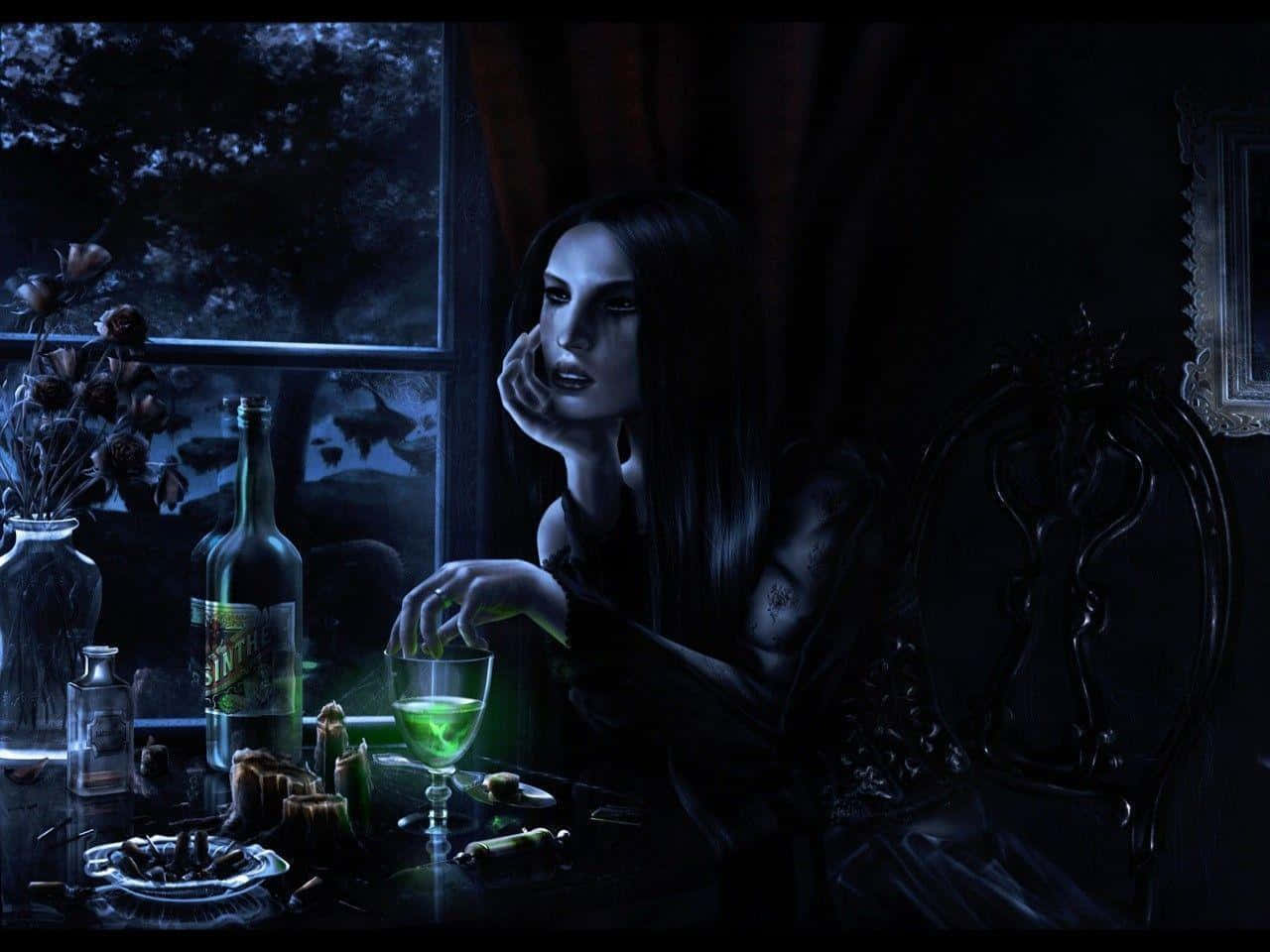 Dark Witch, glowing green drink, moonlit forest, HD Desktop Wallpaper