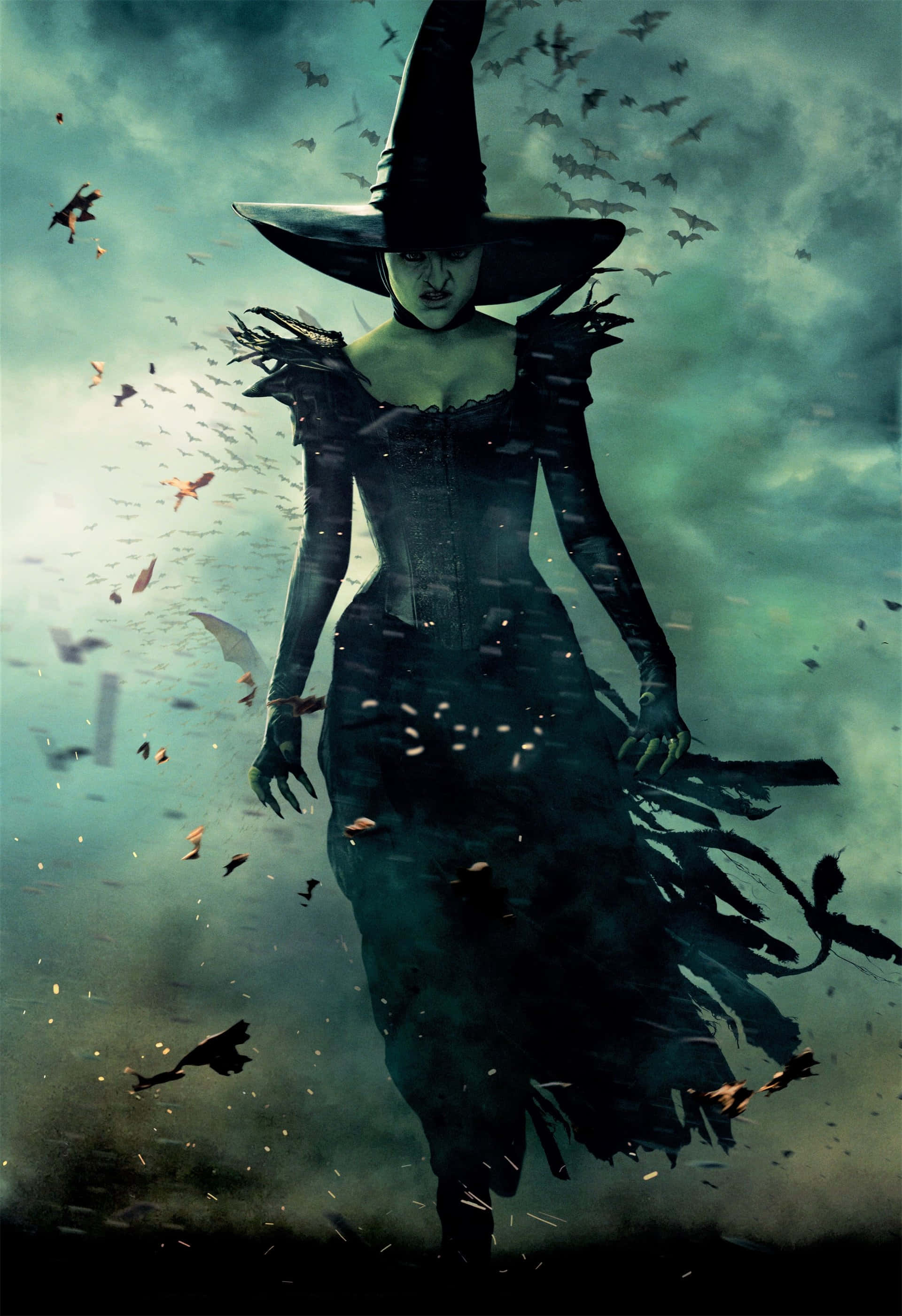 Dark Witch, full moon night, swirling bats, 2K Phone Wallpaper