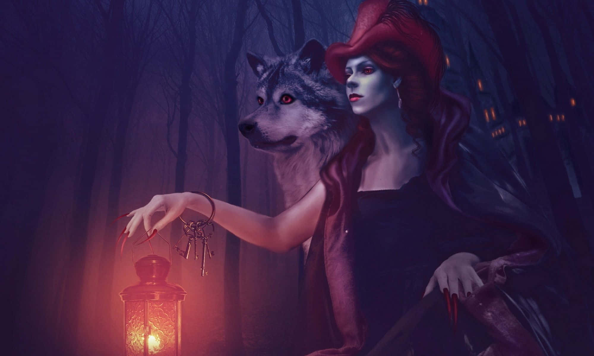Dark Witch, red hair, wolf, Full HD Desktop Wallpaper