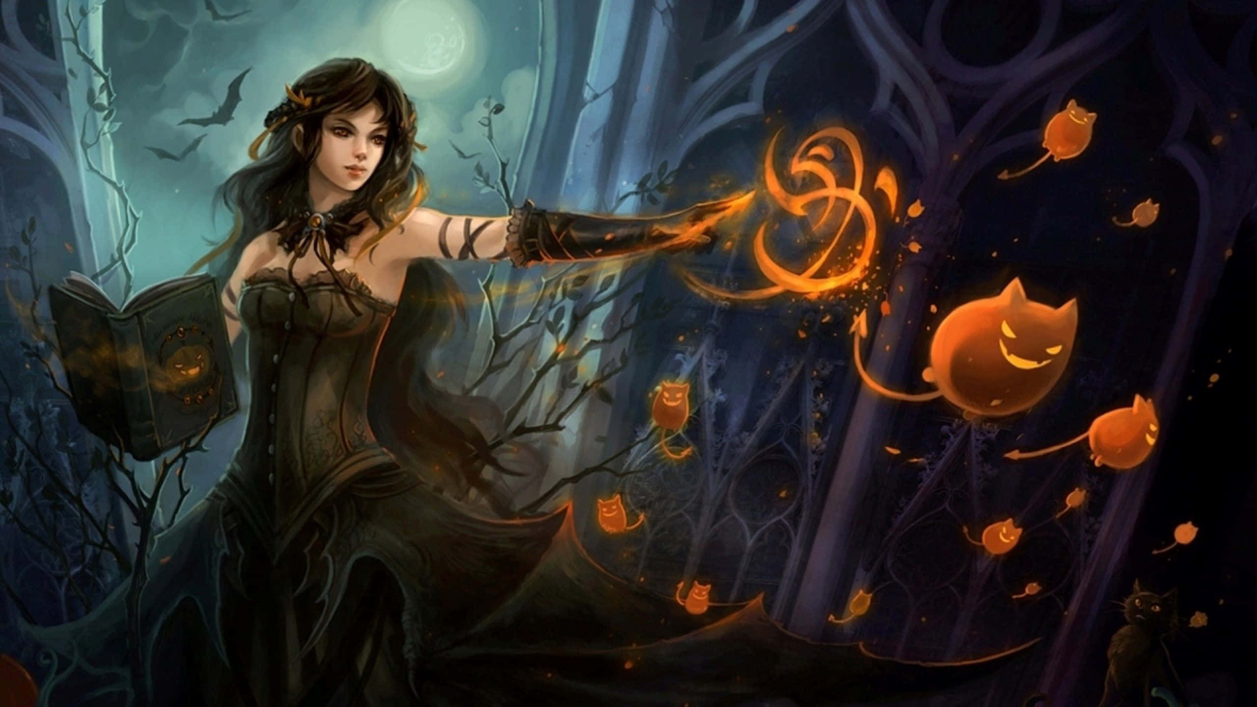 Dark Witch, full moon, haunted forest, 2K Desktop Wallpaper