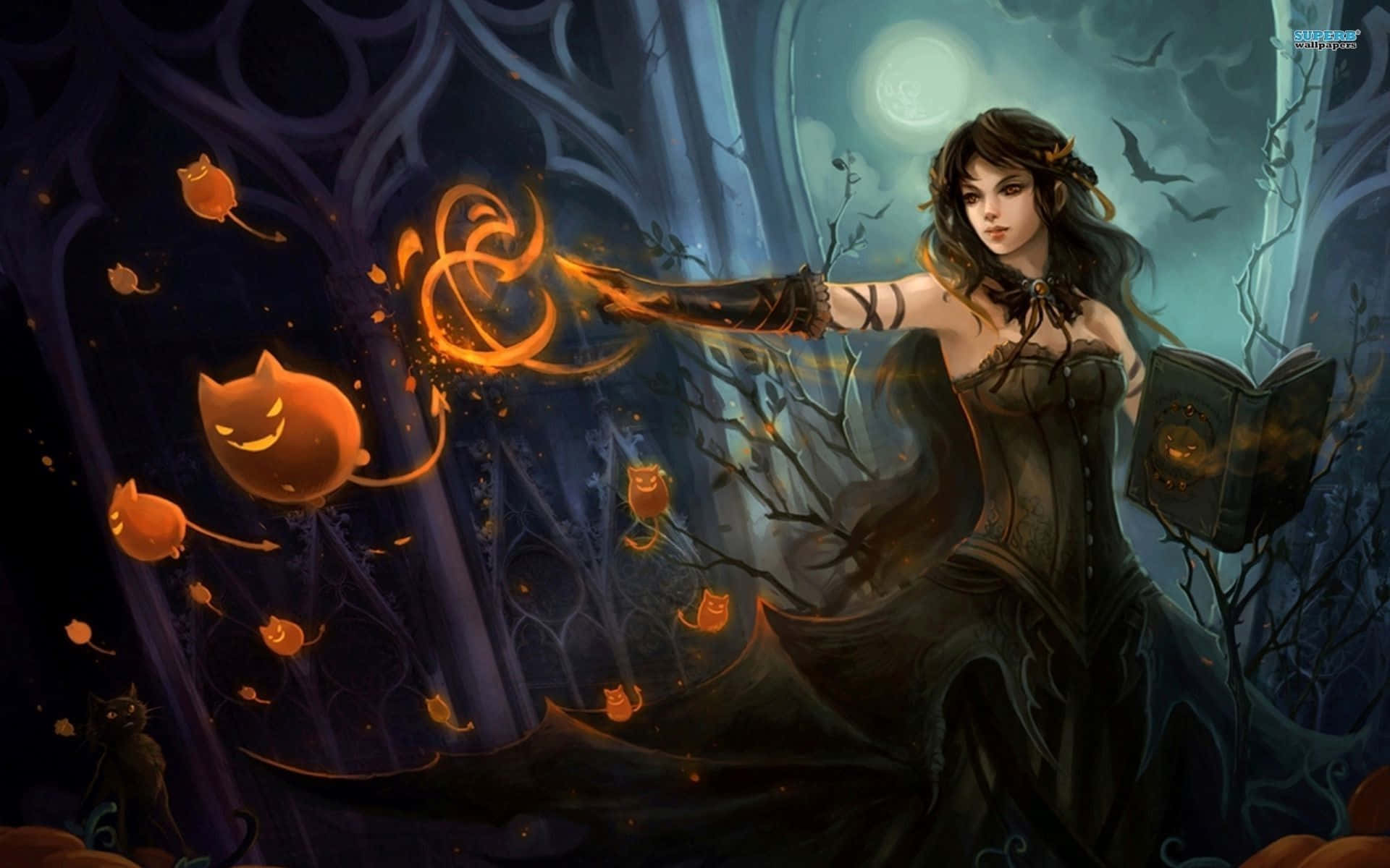Dark Witch, jack-o-lantern cats, full moon, Full HD Desktop Wallpaper