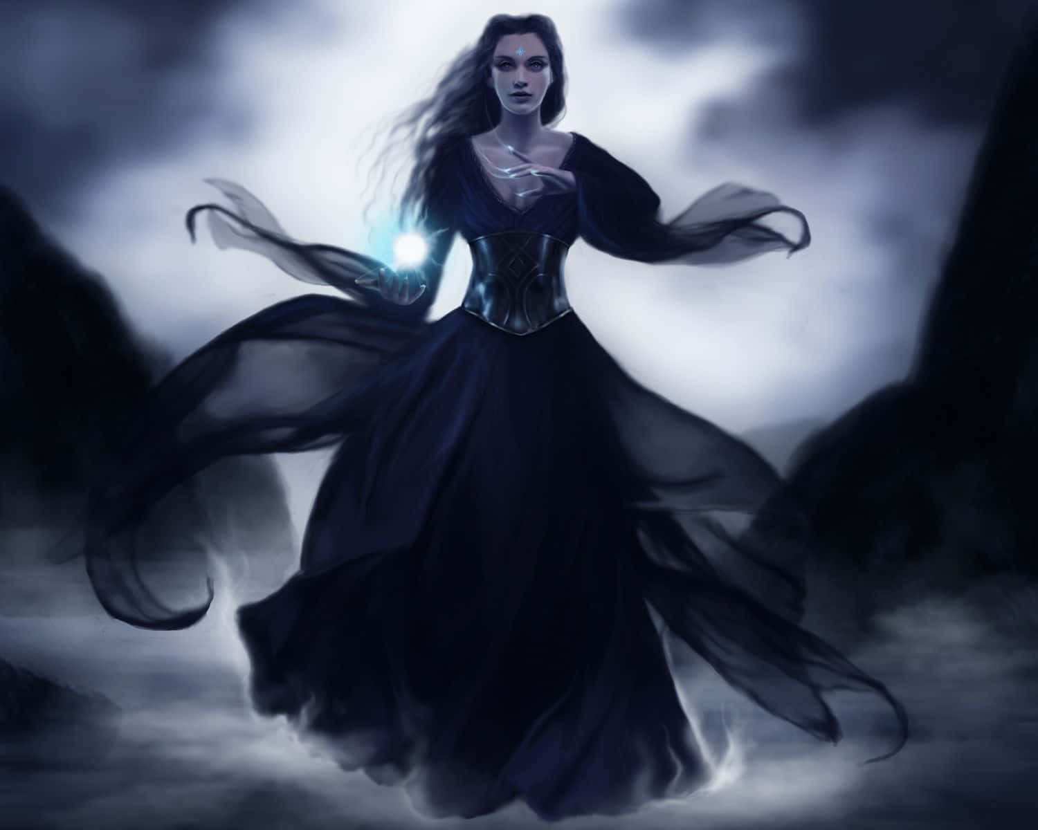 Dark Witch, storm clouds, glowing orb, HD Desktop Wallpaper