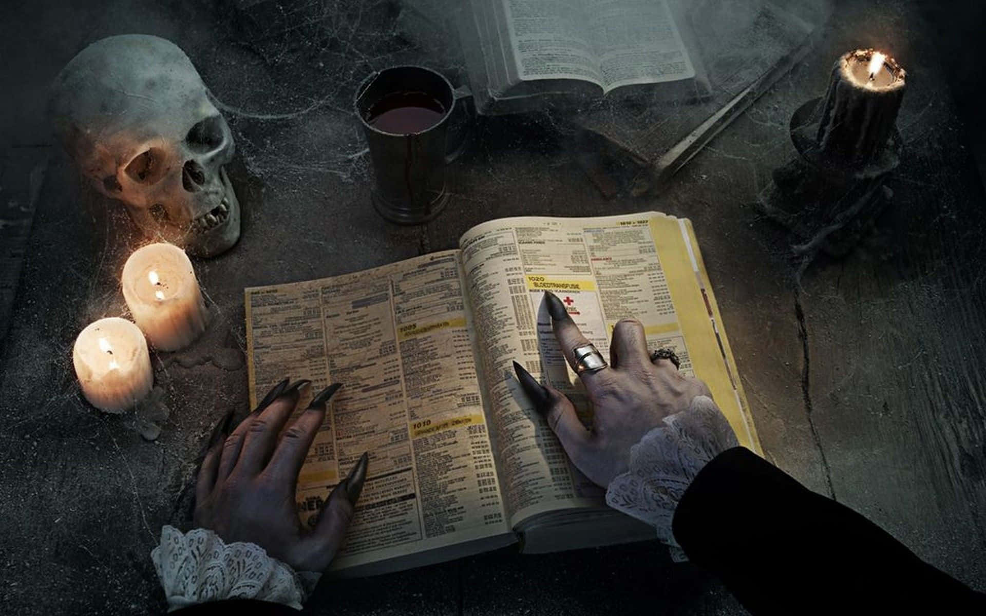 Dark Witch, grimoire, candles, Full HD Desktop Wallpaper