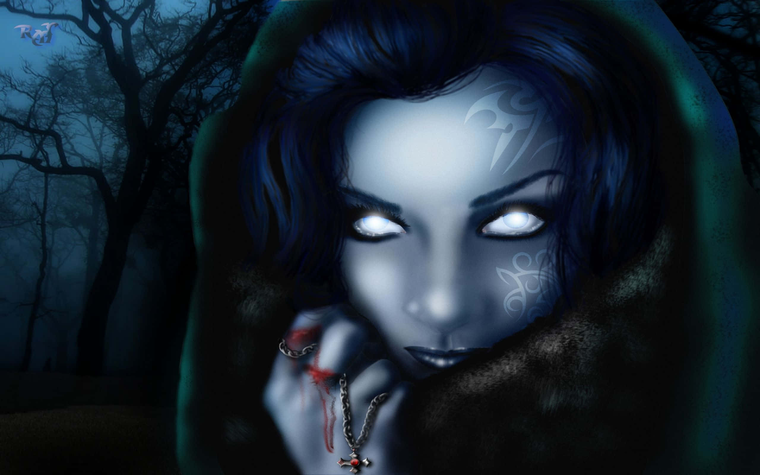 Dark Witch, hooded cloak, glowing eyes, 2K Desktop Wallpaper