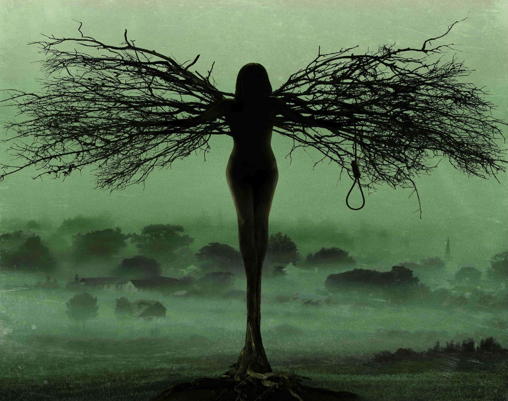 Dark Witch 2026, magical staff, tree root, Full HD Desktop Wallpaper