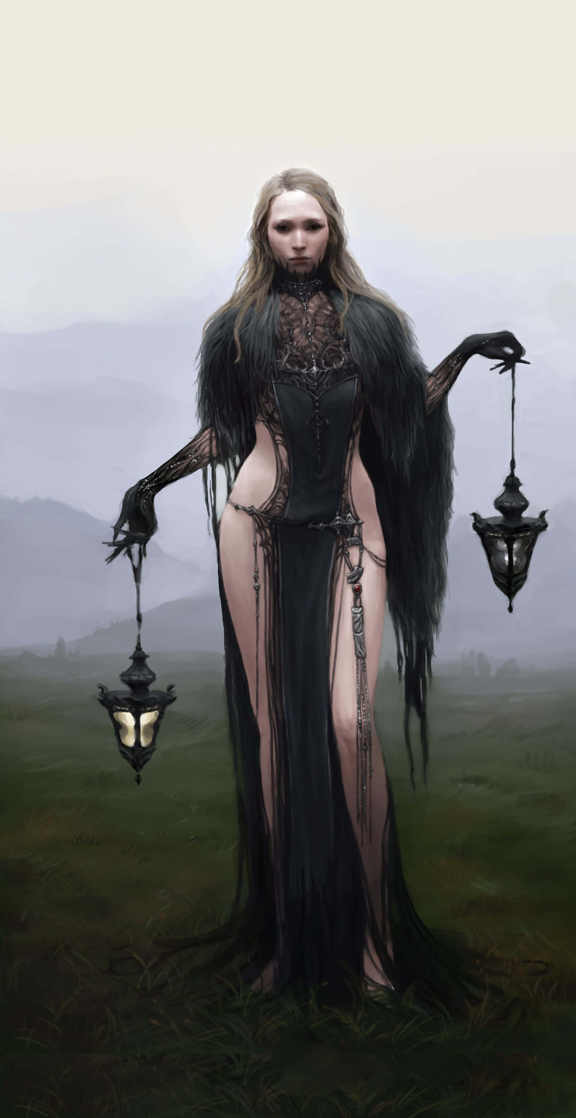 Dark Witch, black lace gown, glowing lanterns, 2K Phone Wallpaper