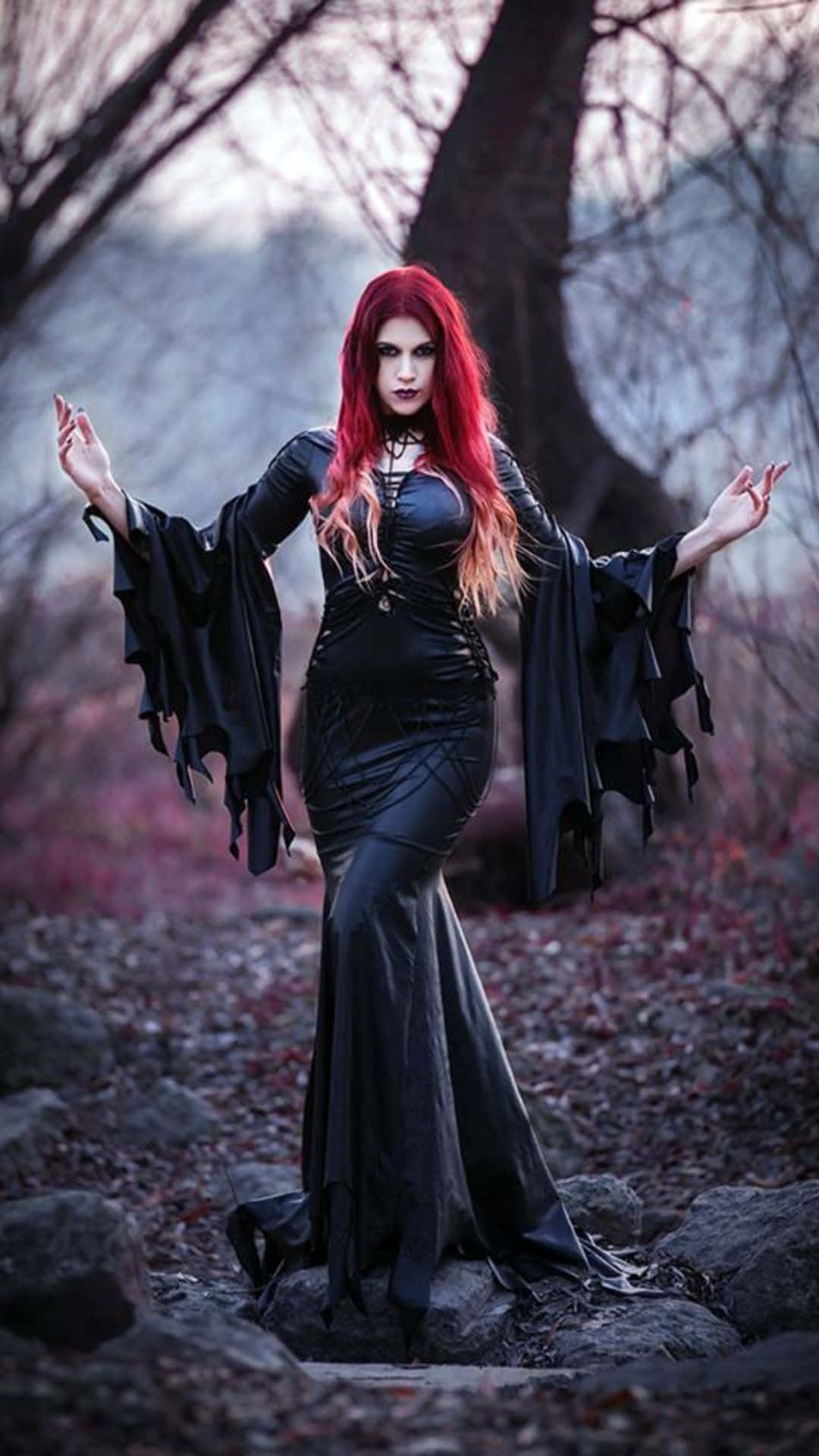 Dark Witch, red hair, black gothic gown, Full HD Phone Wallpaper