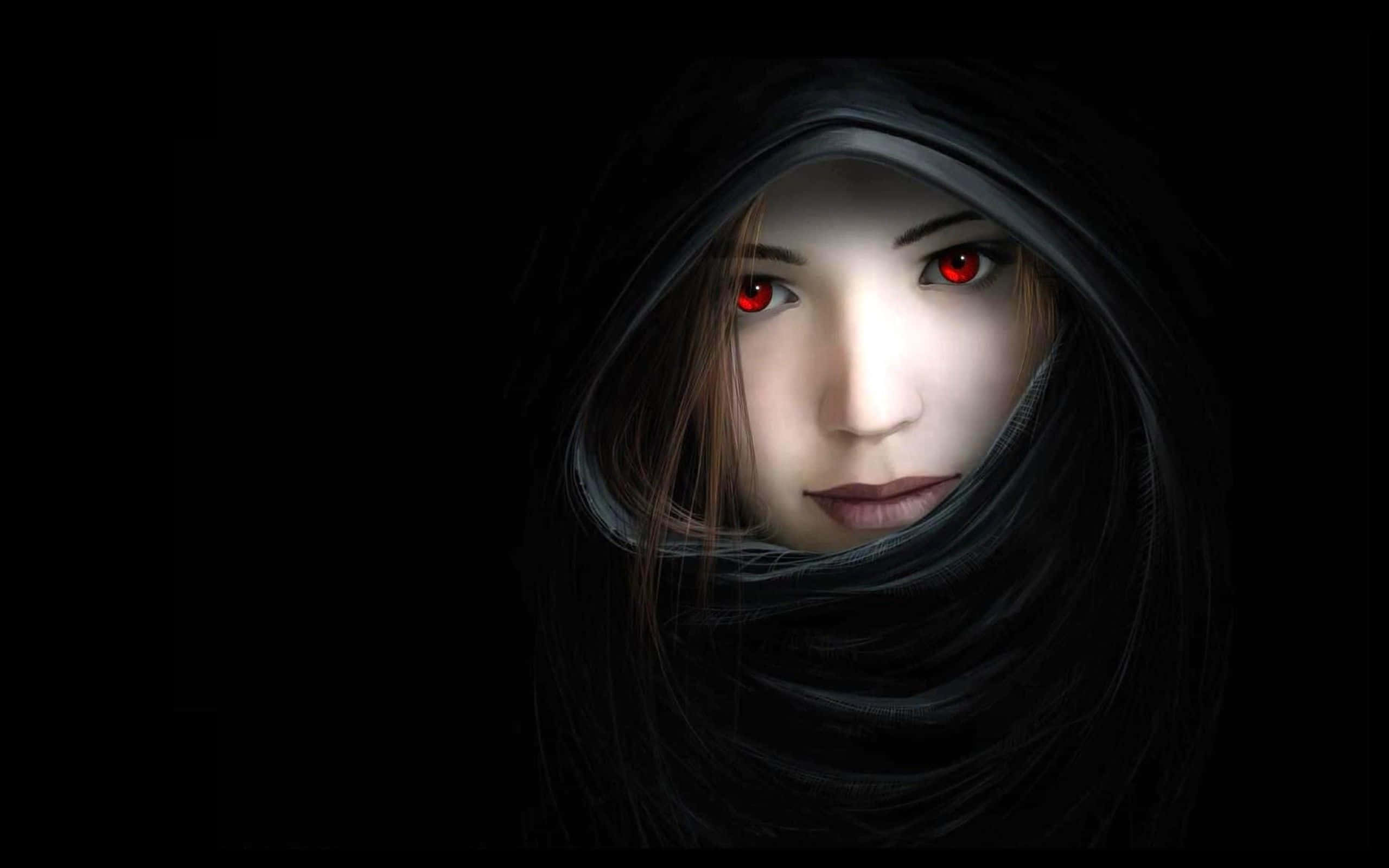 Dark Witch, glowing red eyes, hooded figure, 2K Desktop Wallpaper