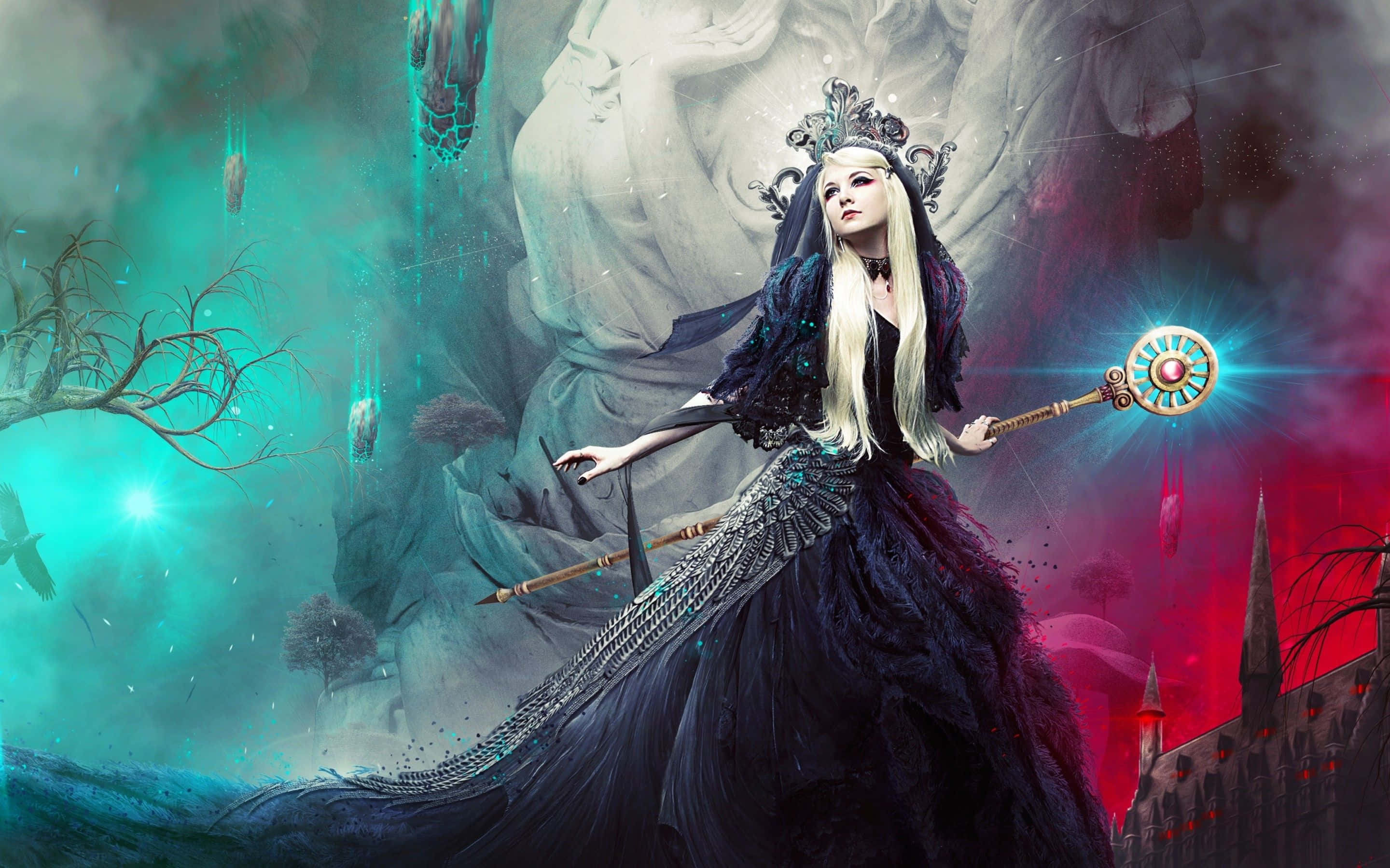 Dark Witch, black gown, glowing staff, 2K Desktop Wallpaper