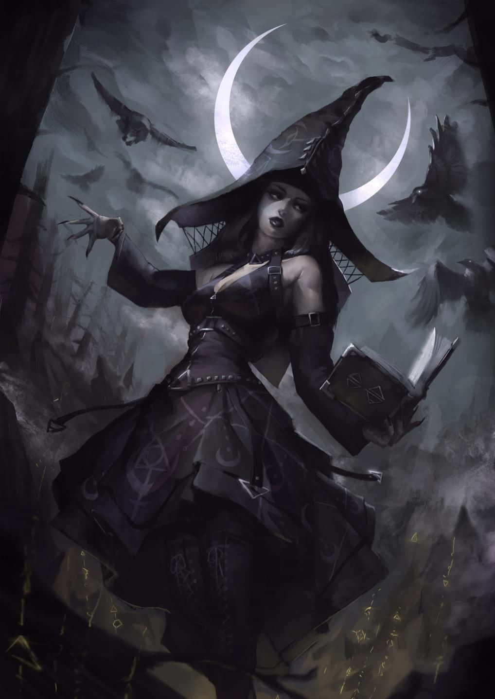 Dark Witch, pointed hat, crescent moon, HD Phone Wallpaper