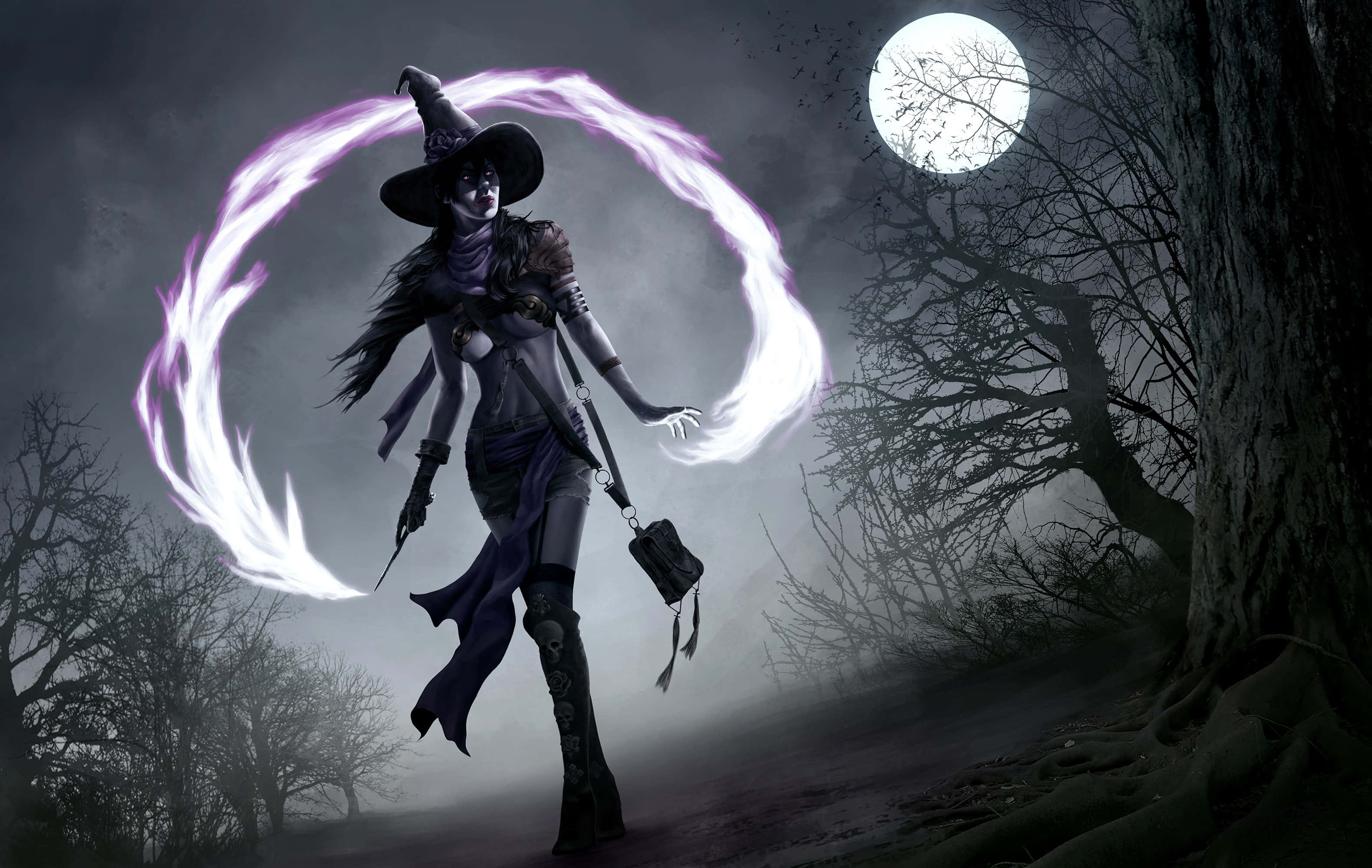 magic moon, dark witch, pointed hat, 2K Desktop Wallpaper