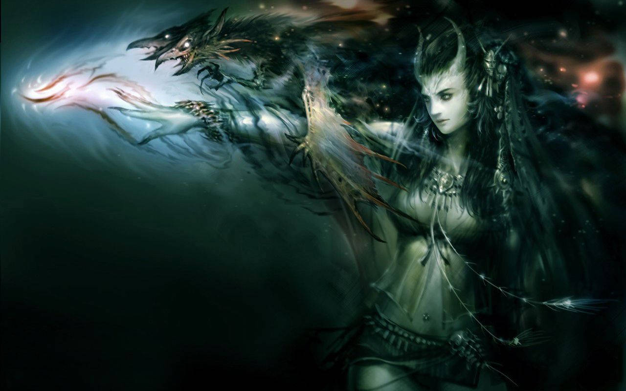 Dark Witch, horns, glowing eyes, HD Desktop Wallpaper