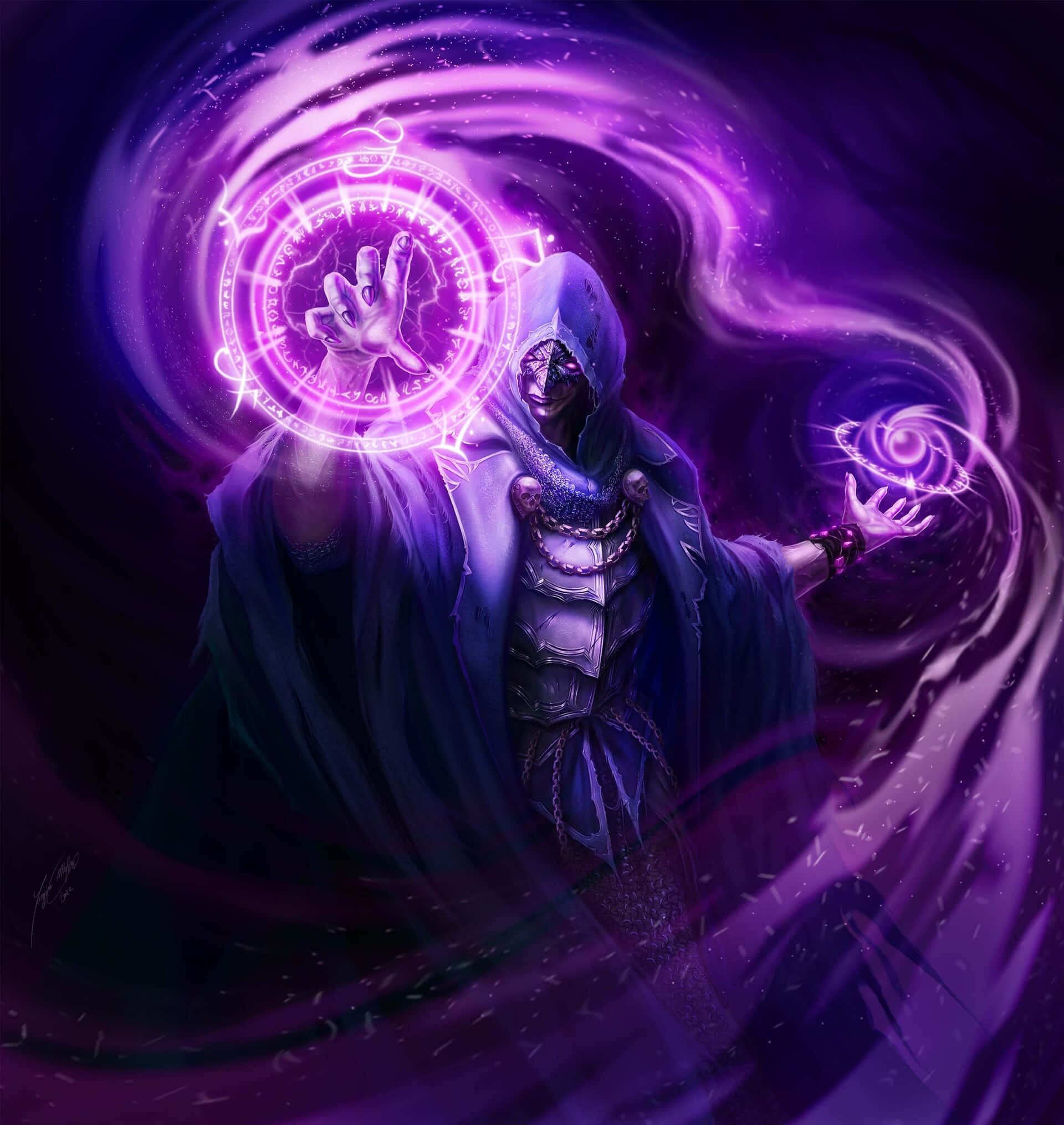 Dark Wizard, glowing purple magic, intricate runes, Full HD Phone Wallpaper