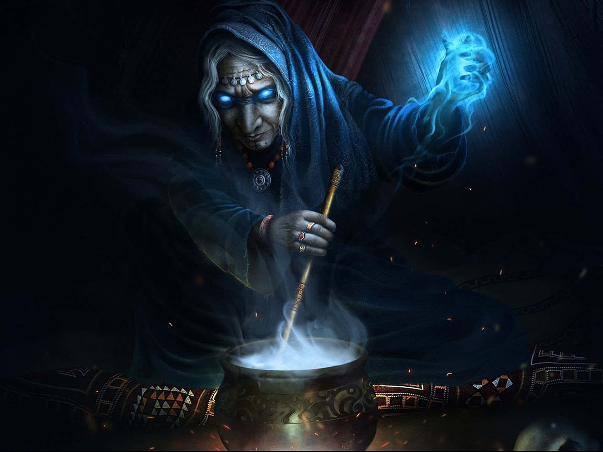 Dark Wizard, glowing blue eyes, steaming cauldron, Full HD Desktop Wallpaper