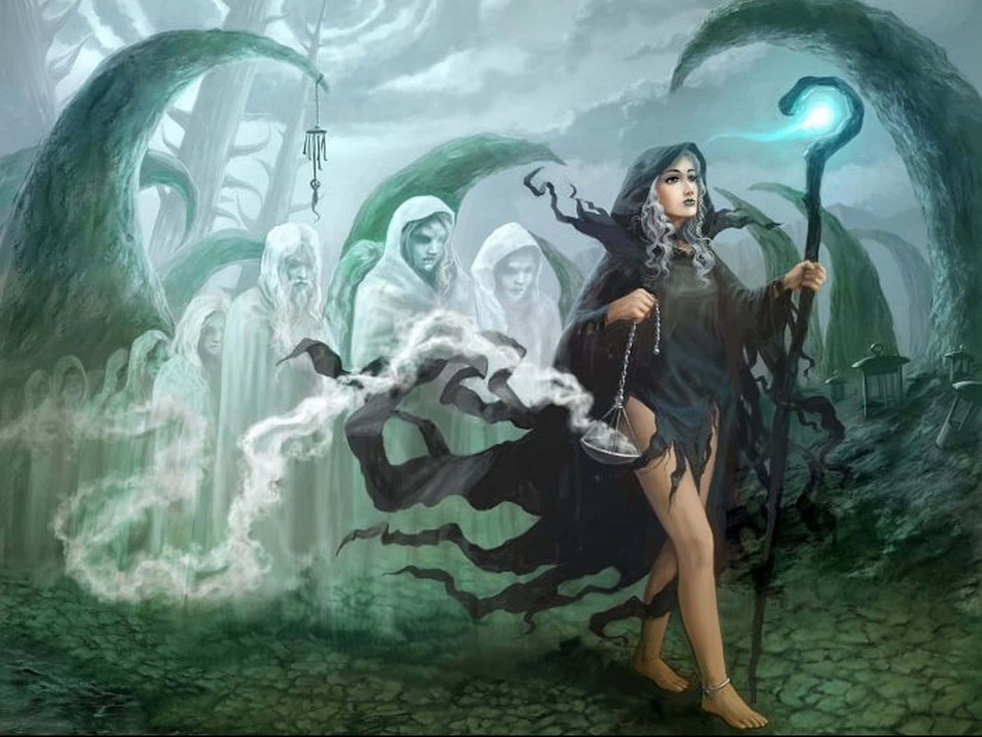Dark Wizard, glowing staff, ghostly figures, Full HD Desktop Wallpaper