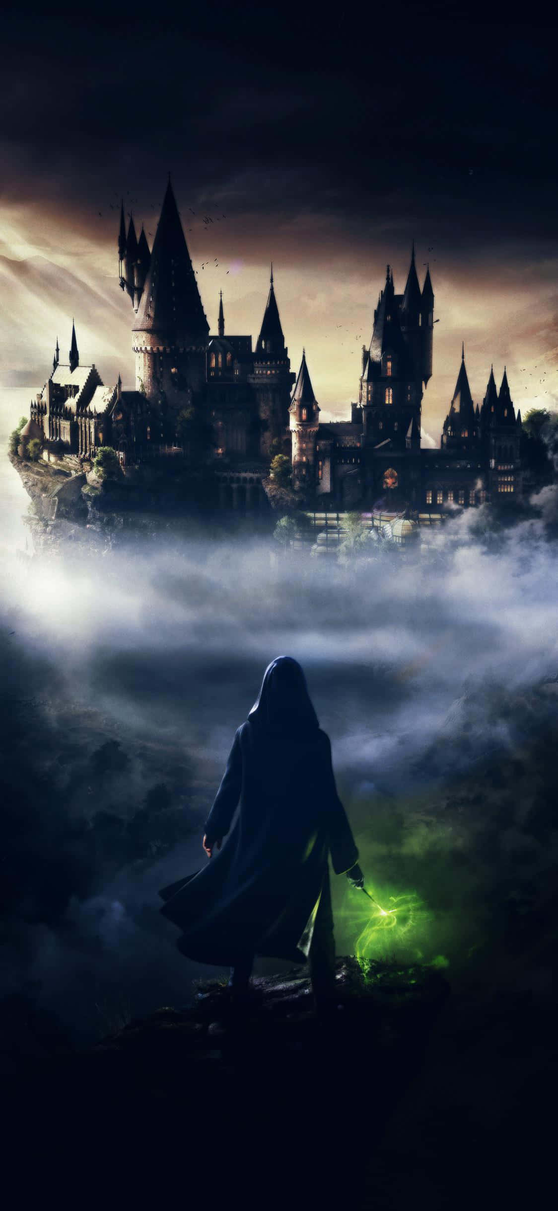 Dark Wizard, green spell, majestic castle, Full HD Phone Wallpaper