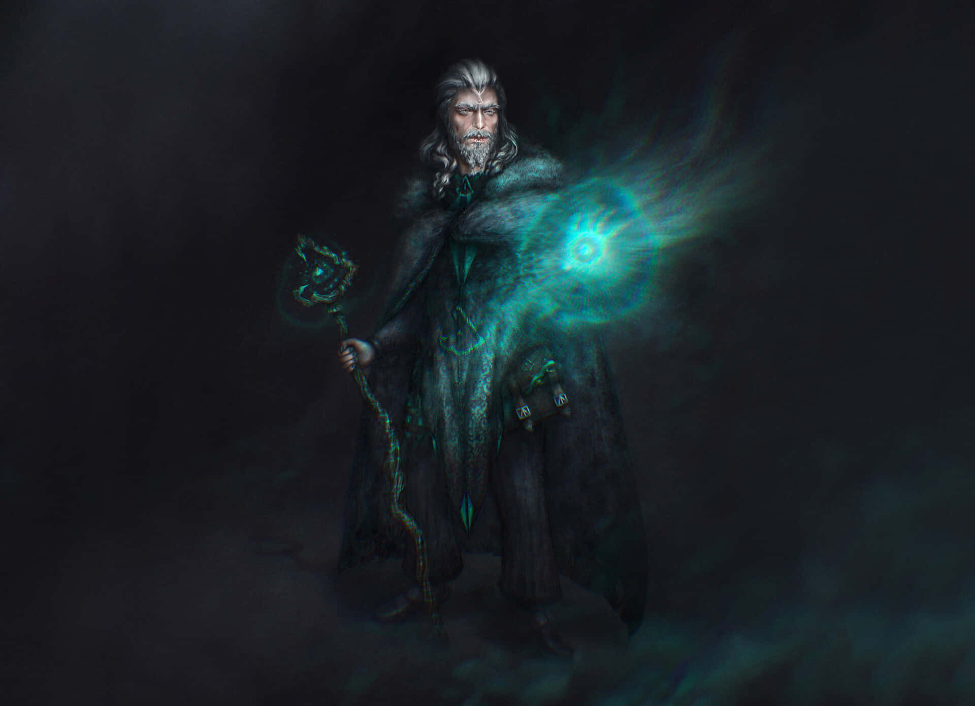Dark Wizard, glowing green staff, dark cloak, Full HD Desktop Wallpaper
