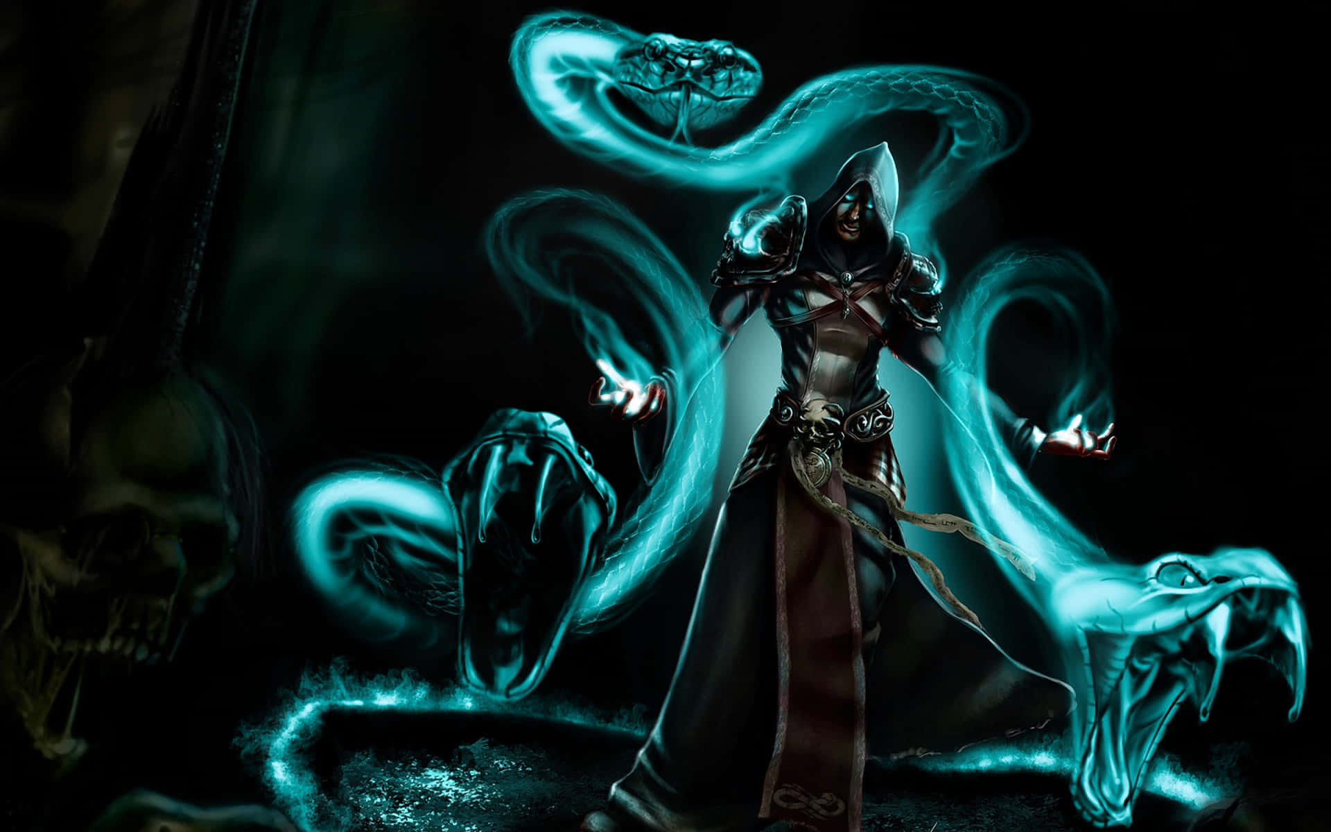Dark Wizard, glowing cyan spectral serpents, shadowy, Full HD Desktop Wallpaper