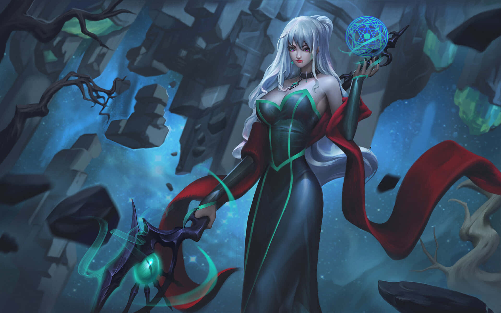 Dark Wizard, silver-haired anime mage, dark gown, Full HD Desktop Wallpaper