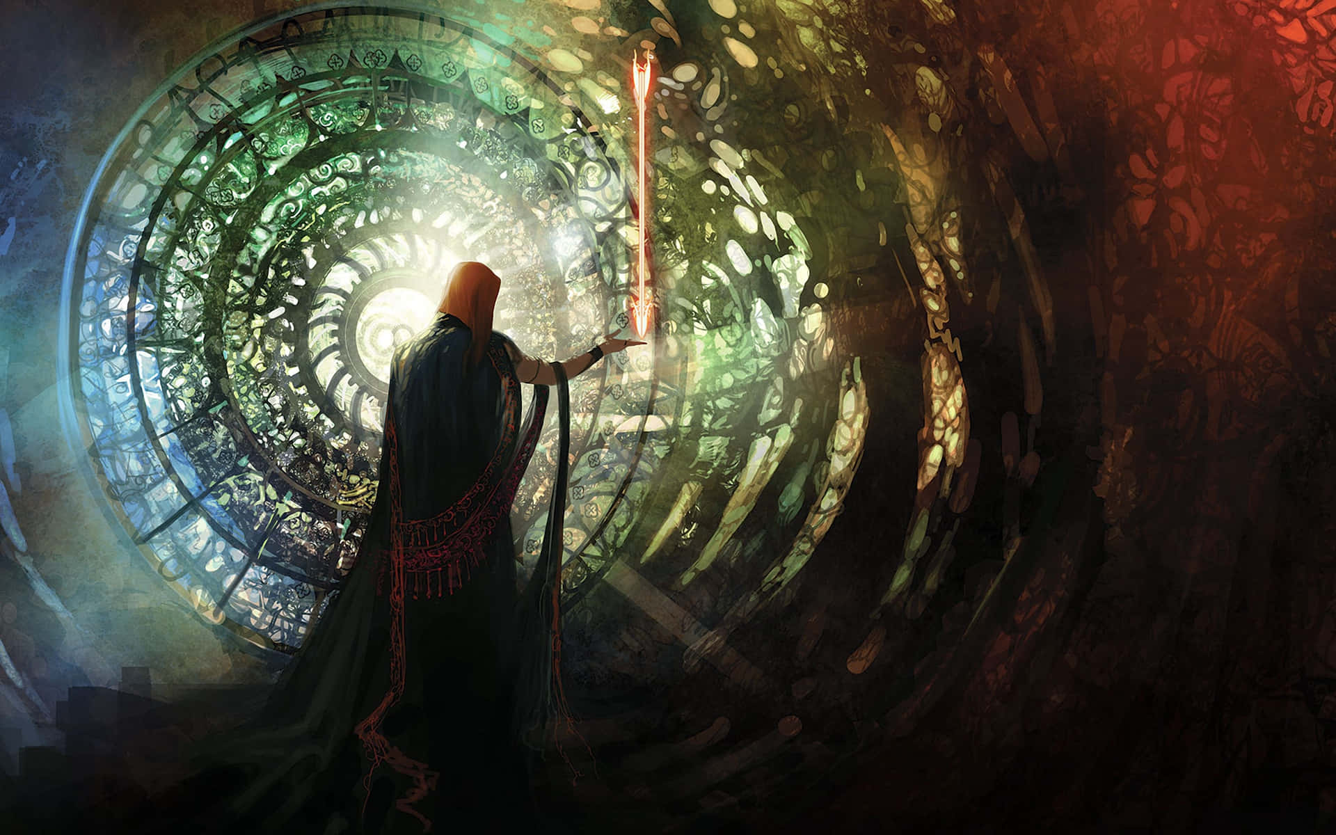 Dark Wizard, glowing spiral portal, radiant staff, Full HD Desktop Wallpaper