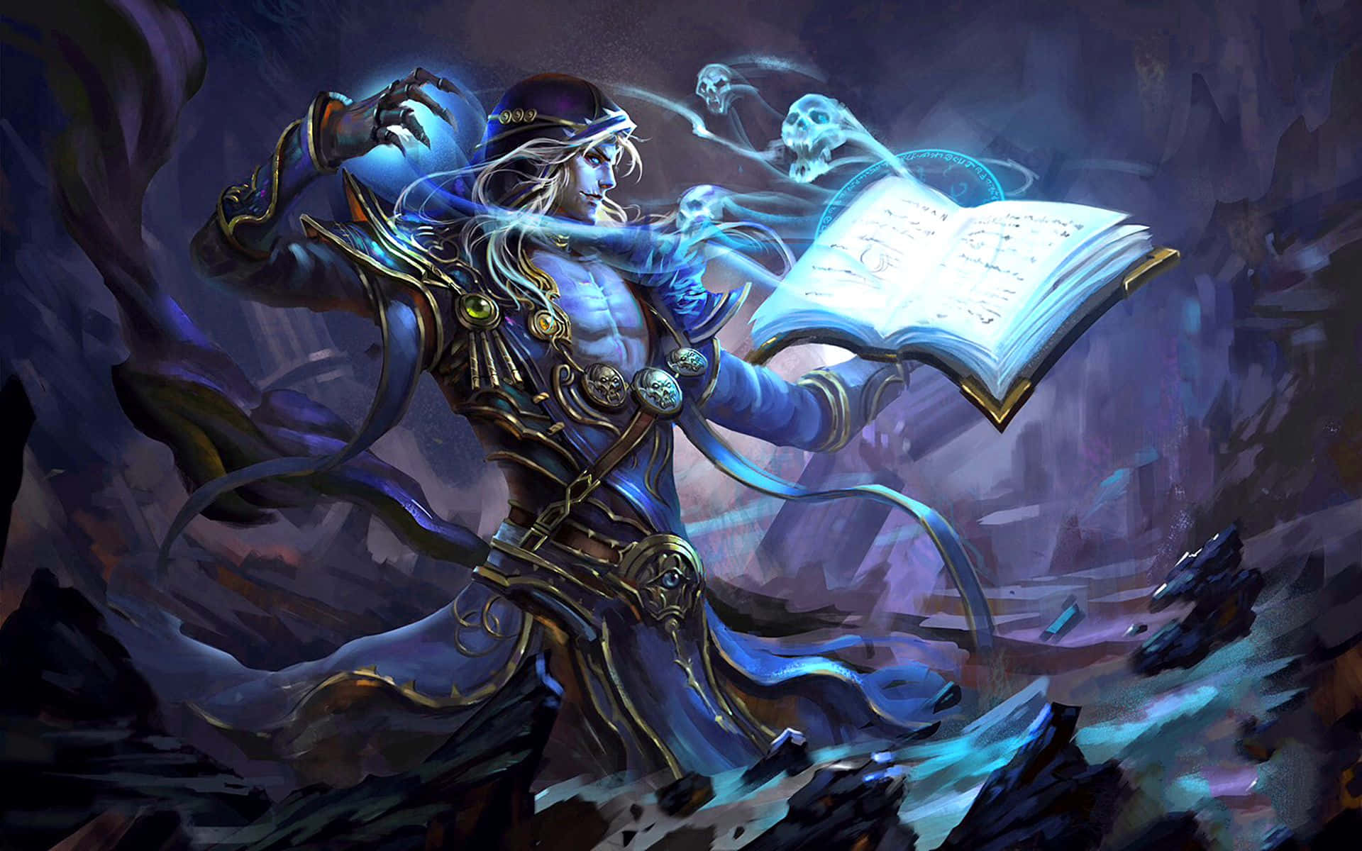 Dark Wizard, blue-robed sorcerer, open book, Full HD Desktop Wallpaper